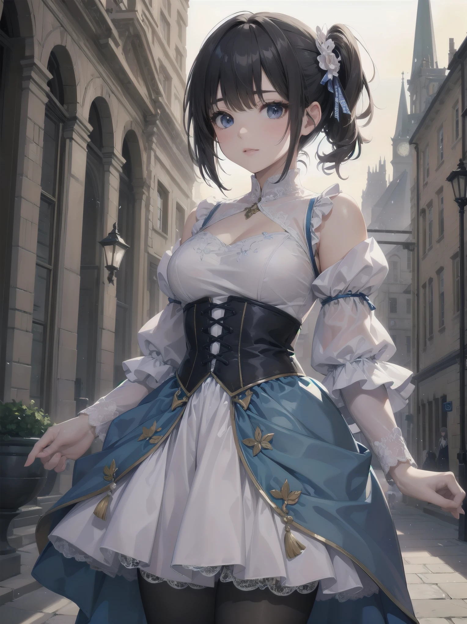  bride: wedding ring shining on ring finger Fusion of medieval European fashion Emphasis on elements of cuteness and adoration Posed illustration of the overwhelming cuteness of the character in the foreground Overwhelming architectural and cityscape background Ultra-detailed, rich, contemporary interpretation of medieval Europe and fantasy world Realistic textures, Professional artistic shading and light sources, scene-like cinematography and effects, depth of subject One beautiful girl, super cute, bob cut, side ponytail, perfect anatomy 
Colours: pastel, white, pale purple, blue, gingham check 
Materials: chiffon, lace, satin, velvet, etc. Silhouette: fluffy skirt, A-line, long length 
Decoration: frills, ribbons, lace, pearls, embroidery etc. Coordinates Romantic princess: pastel dress, lace blouse, fluffy skirt, ribbon hair accessory, black tights Add accessories and accessories to personalise.