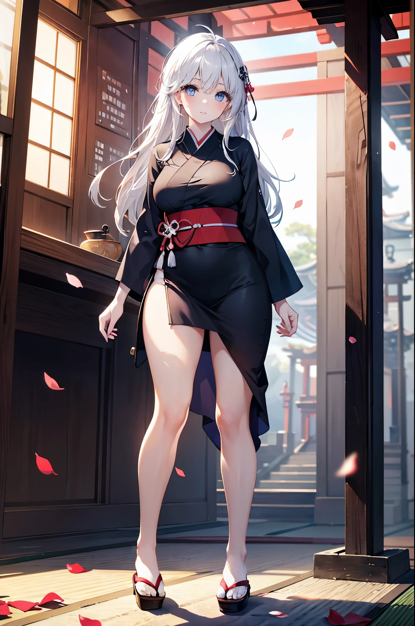 realistic image, coherent image, detailed image, 1 beautiful girl. She has silver hair, long thin hair, ahoge. Light blue eyes, long eyelashes. Her face is oval and delicate. She is wearing an oversized t-shirt. bare legs She has a curvy body, medium breasts and thick thighs. in a Japanese temple, Taoist tempo. flower petals falling around. view of her full body. ambient light, volumetric light,