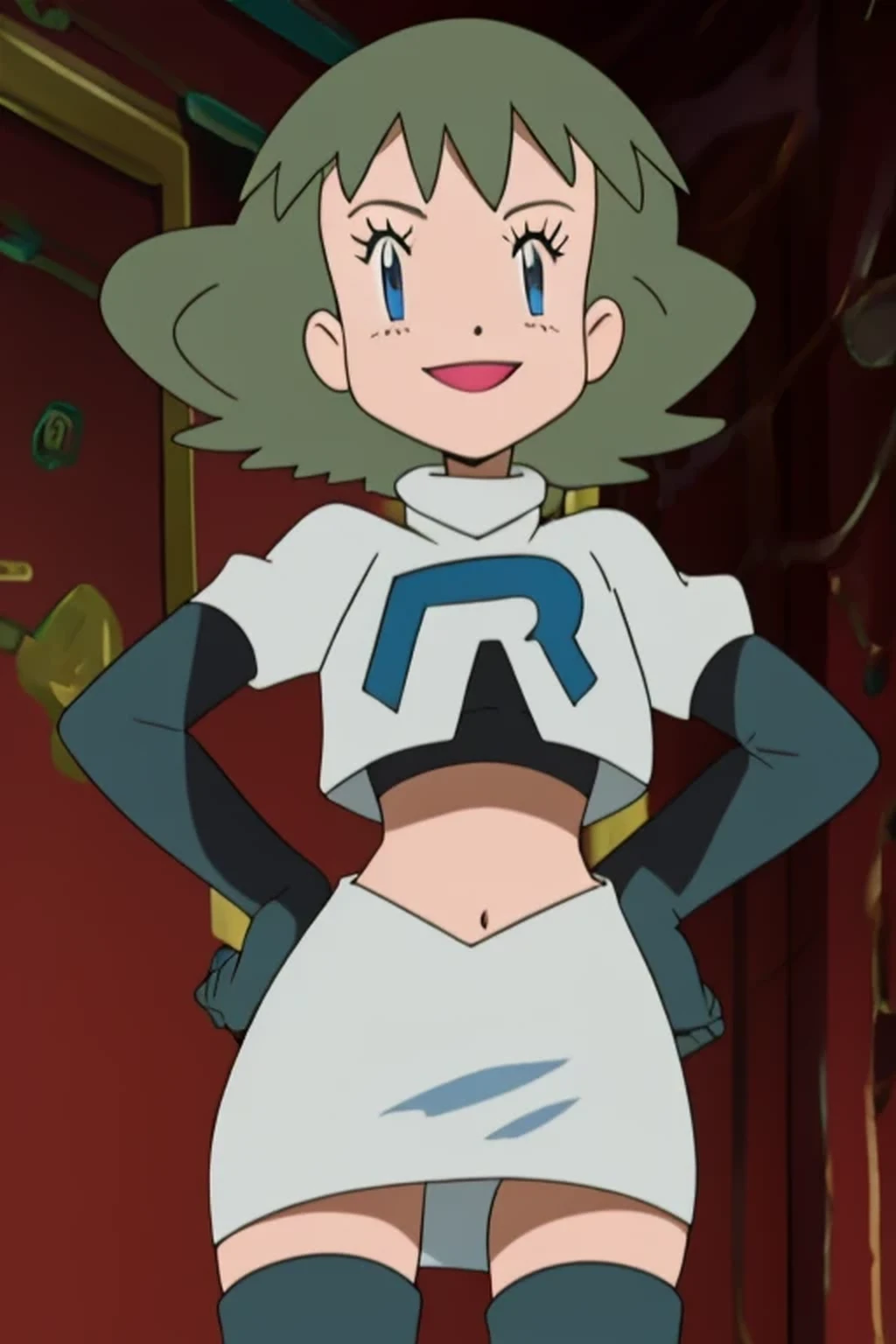 8k, masterpiece,highres, team rocket uniform, red letter r, white skirt,white crop top,black thigh-high boots, black elbow gloves, evil smile, looking down at viewer, hands on hips, cowboy shot, from below, black panties
