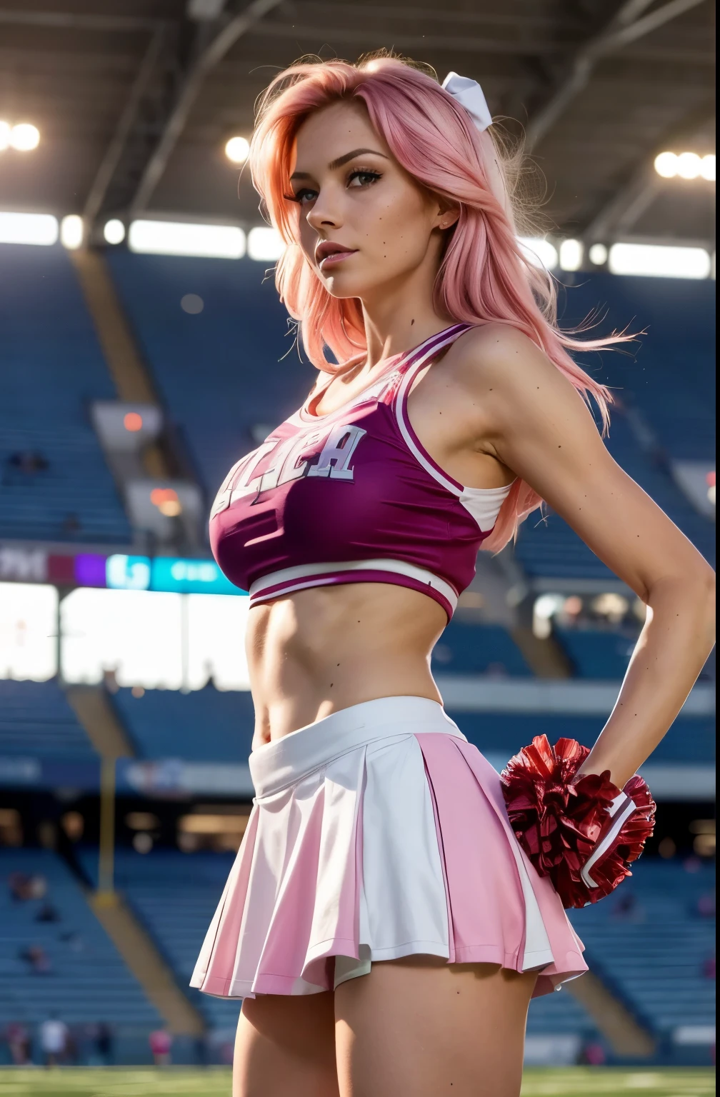 (1girl), A Masterpiece beautiful american 45 years old cheerleader woman standing in a dynamic pose, spread legs, pinkhair, green eyes, seductive, natural makeup, thin face, pale skin, freckles, very long hair, athletic thin Body, pregnant belly, large saggy breasts, large saggy ass, ((she is cheering at a college football game)), ((she is wearing a cheerleader top, she is wearing a short cheerleader skirt)),(((skirtlift))), early afternoon lighting, a detailed crowded football stadium in the background, ((full body shot)), (anatomically correct body), 8k, UHD, award winning photograph, depth of fiield