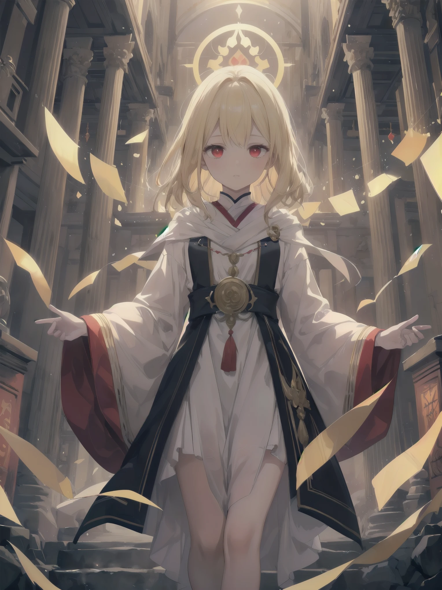 Subject: witches.
Subtitle: blonde hair, red eyes, noble, magical genius, outlandish scenes, concrete, background descriptions super-detailed and powerful, magical chanting fantastic.
Scene 1.
A blonde-haired, red-eyed witch begins an intricate magic chant in the centre of an ancient temple, maintaining a noble posture. Her voice echoes throughout the temple as a fantastic melody, and ancient letters on the stone walls glow in response to her voice. The magical energy summoned by the chanting swirls around her as she floats in the air, glowing with a mysterious light and preparing to release her unknown powers.