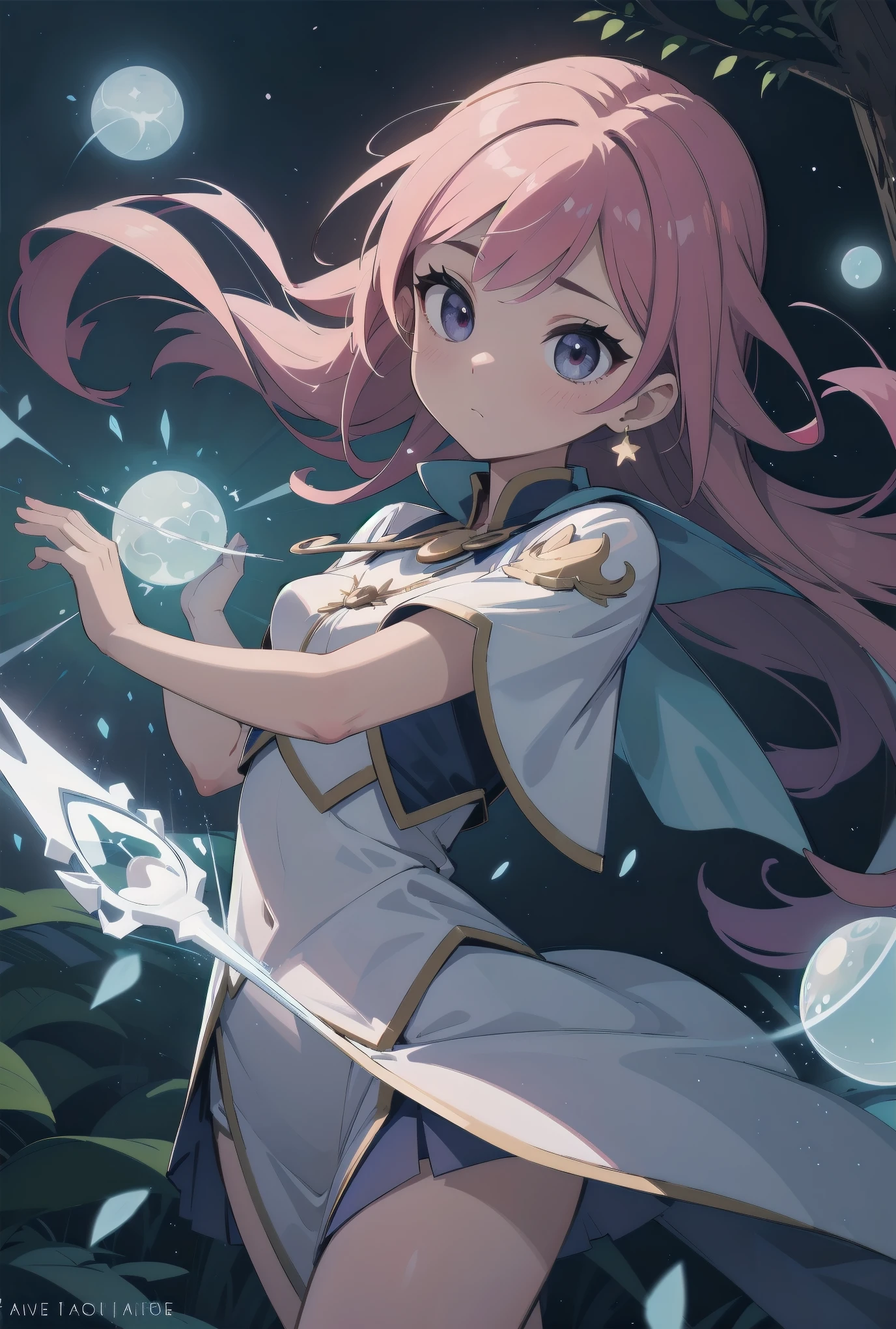 Subject: pretty magical girls.
Subtitle: masterpiece, fantastic, magical, powerful pose
Under a starry sky, in the centre of a mysterious forest, a pretty magical girl raises her glowing wand to the heavens. Around her, particles of seven-coloured magic dance, and with her powerful pose, the entire forest is enveloped in a fantastic light. For this brief moment, even time seems to have frozen.