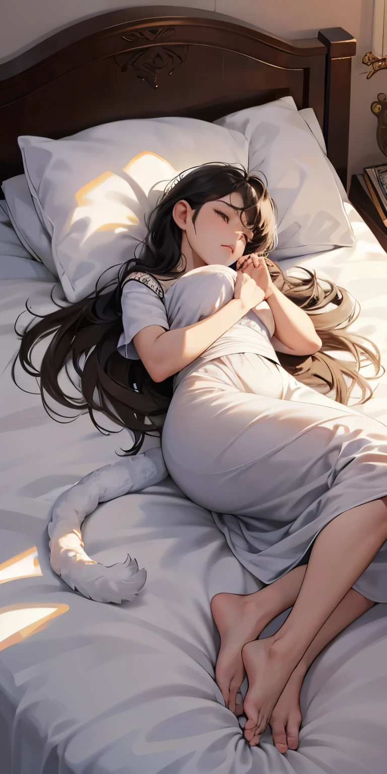 cuerpo completo, Fetal position, durmiendo en la cama en el dormitorio, Tacones altos, ((impresionante obra de arte)), esclavas estilo dnd