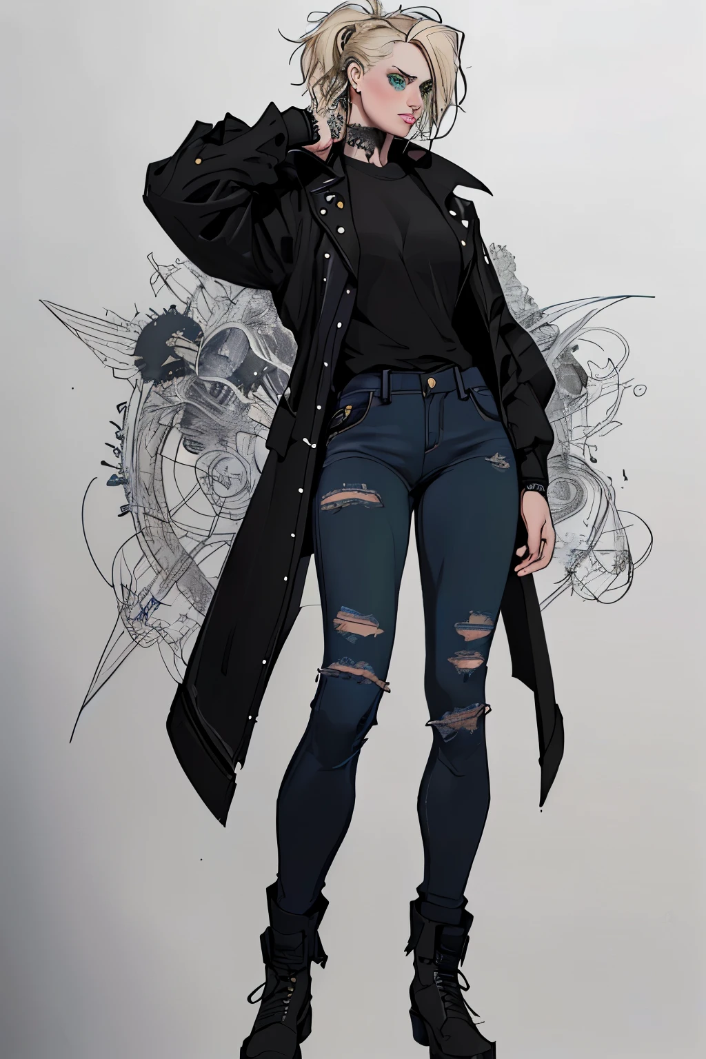 1 girl, Sidecut hair, vi arcane, Sidecut hair, teenager, hyper realistic hands, detailed hyper realistic eyes, rock jacket, jeans, black clothing, blond hair, light background, full body, long hair, teenager, tribal tattoo, colorful parts, sketchbook, hand drawn hand, symbols, dark, bold, realistic sketch, sketch, mixing dark lines and loose lines, bold lines, on paper, turn on character sheet, human woman, green eyes, full body, elegant pose, lots of details, stylish outfit, symbols, runes, dark theme, black shirt, beautiful, pretty, modest