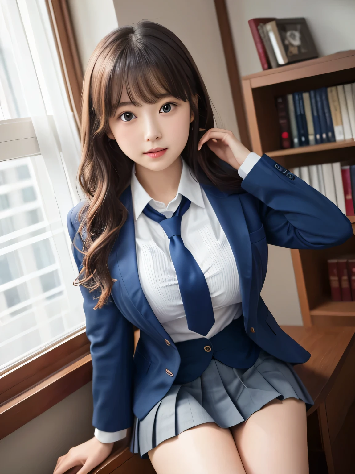 8k, highest quality, real image, intricate details, Super detailed, ultra high resolution, depth field,(realistic,realistic:1.2), from the middle, 1 Japanese girl, very beautiful 17 year old girl, Big eyes, beautiful breasts:1.5、highly detailed eyes:1.2), (beautiful breasts:1.1), (small breasts:1.5), wavy hair、curly hair、bangs, perfect skin, Fair skin, huge hips, thick thighs, thick legs, cleavage, tight waist, light blush, alone, looking at the viewer, crying face, (School_uniform),(dark blue blazer), (white shirt、wear a tie), (gray pleated skirt), (sculpture installation :1.1)