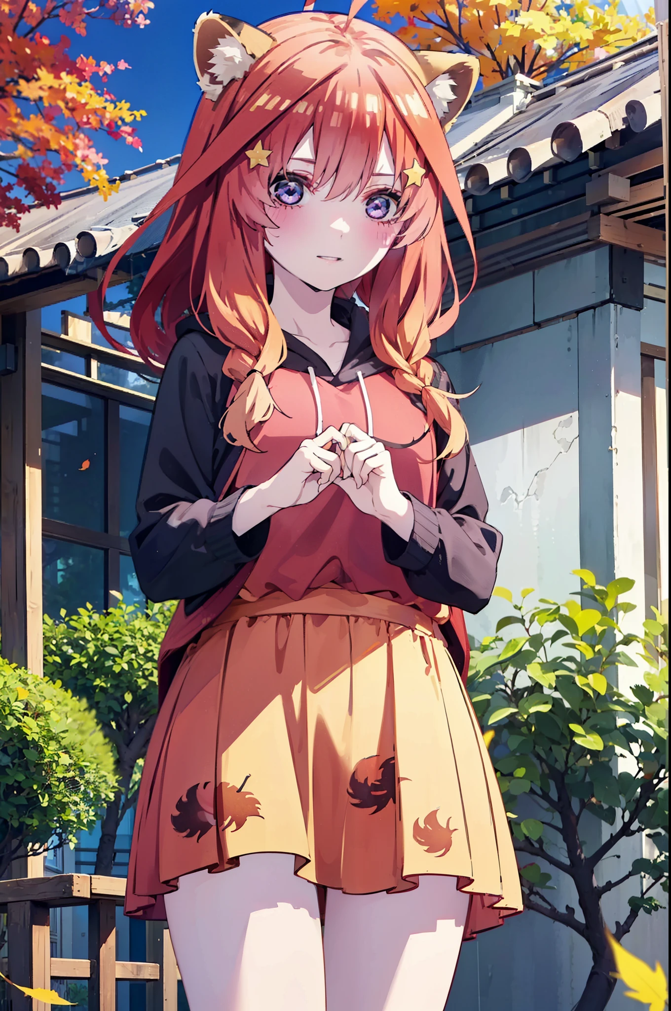 itsukinakano, itsuki nakano, bangs, blue eyes, hair between eyes, Ahoge, redhead, star \(symbol\), short braided hair,hair ornaments, star hair ornaments,smile,blush,animal ears　raccoon ears,animal tail　raccoon tail,red hoodie,white long skirt,Cute Sandals,autumn leaves,autumn leavesが散っている,autumn leaves道,whole bodyがイラストに入るように,night,moonlight,moonlight,
break outdoors,garden,
break looking at viewer,whole body,(cowboy shot:1.5),
break (masterpiece:1.2), highest quality, High resolution, unity 8k wallpaper, (shape:0.8), (beautiful deしっぽed eyes:1.6), extremely deしっぽed face, perfect lighting, extremely deしっぽed CG, (perfect hands, perfect anatomy),