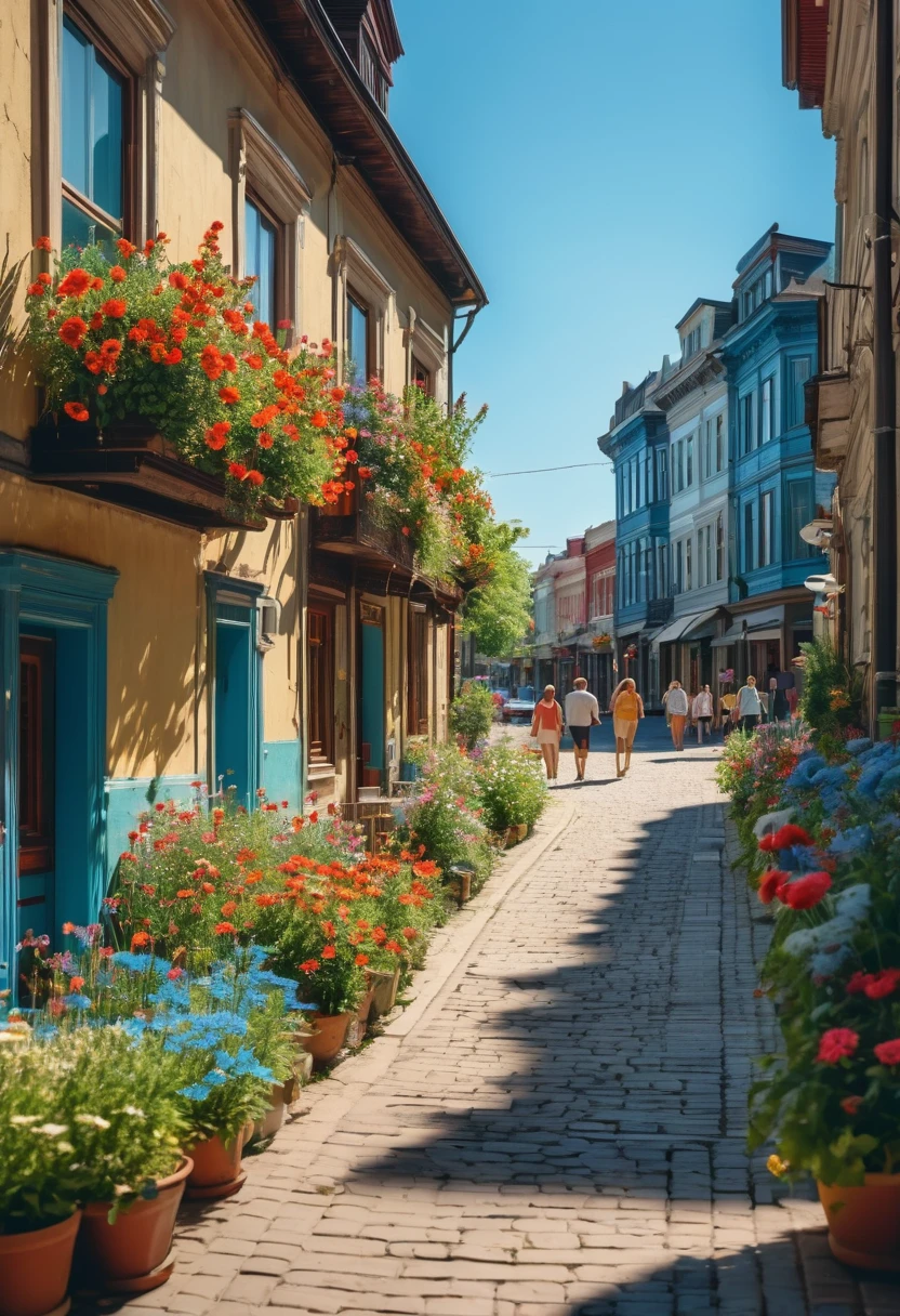 People on the downtown street talking cheerfully, old houses, summer flowers blooming, warm sun shining, blue sky, 8k images.
