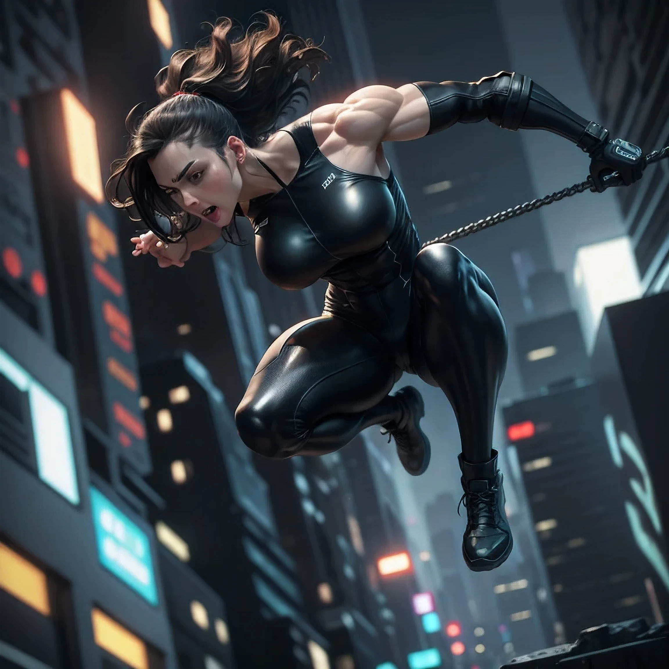 (best quality,4k,8k,highres,masterpiece:1.2),ultra-detailed,(realistic,photorealistic,photo-realistic:1.37),short haired brunette,girl jumping from building,full body,Matrix-inspired,futuristic background,sleek black leather outfit,slow motion,cityscape backdrop,vivid neon lights,ambient lighting,high-rise buildings,expressive face,confident expression,strong muscles,sculpted physique,hair flowing in the wind,high adrenaline,raining motion blur,dynamic composition,wide-angle perspective,impressive acrobatics,flying debris,dark sunglasses,falling raindrops,matrix code streaming in the background,dramatic shadows,imposing presence,in mid-air,gravity-defying,athletic prowess