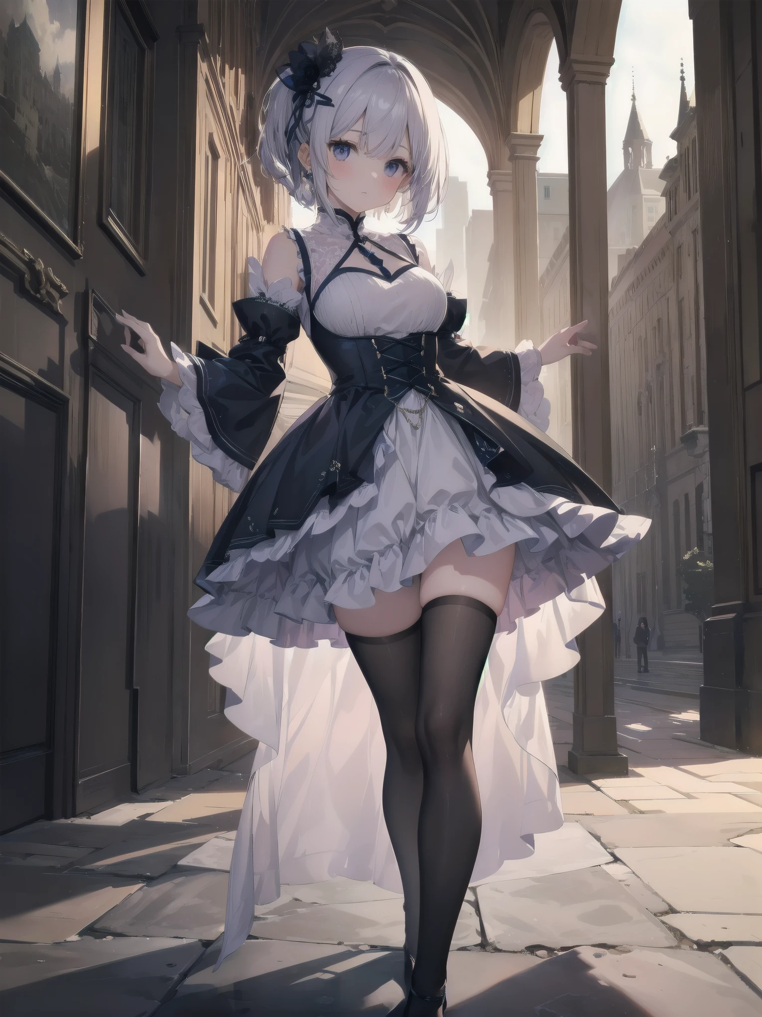 2b, 2b, (Black blindfold:1.5), black hairband, Blindfold, shairband, Short hair, White hair, (Covered eyes:1.7),Blake Black Skirt, black thighhighs, long boots, cleavage cutout, Clothes Cutout, shairband, high-heels, Long sleeves, droid, side slits, Skirt, Thigh boots, thighs thighs thighs thighs,BREAK looking at viewer, Full body,BREAK outdoors,BREAK (masutepiece:1.2), Best Quality, High resolution, Unity 8k壁纸, (Illustration:0.8), (Beautiful detailed eyes:1.6), extra detailed face, Perfect Lighting, extremely details CG, (Perfect hands, Perfect Anatomy),、(Skirt lift:1.3), (White panty:1.3)、(Skirt that rolls up:1.3)、(Fully exposed panties:1.5)