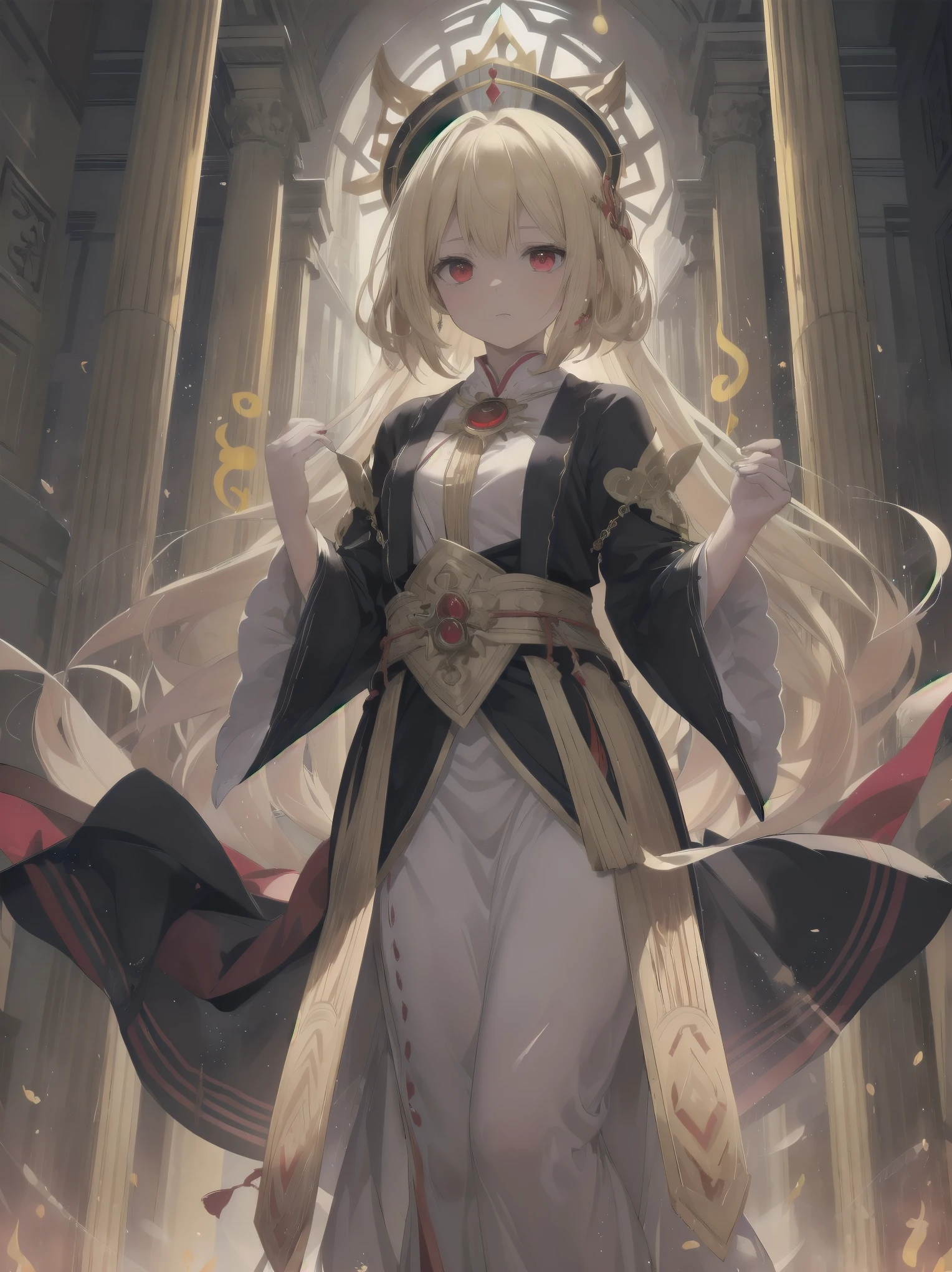 Subject: witches.
Subtitle: blonde hair, red eyes, noble, magical genius, outlandish scenes, concrete, background descriptions super-detailed and powerful, magical chanting fantastic.
Scene 1.
A blonde-haired, red-eyed witch begins an intricate magic chant in the centre of an ancient temple, maintaining a noble posture. Her voice echoes throughout the temple as a fantastic melody, and ancient letters on the stone walls glow in response to her voice. The magical energy summoned by the chanting swirls around her as she floats in the air, glowing with a mysterious light and preparing to release her unknown powers.