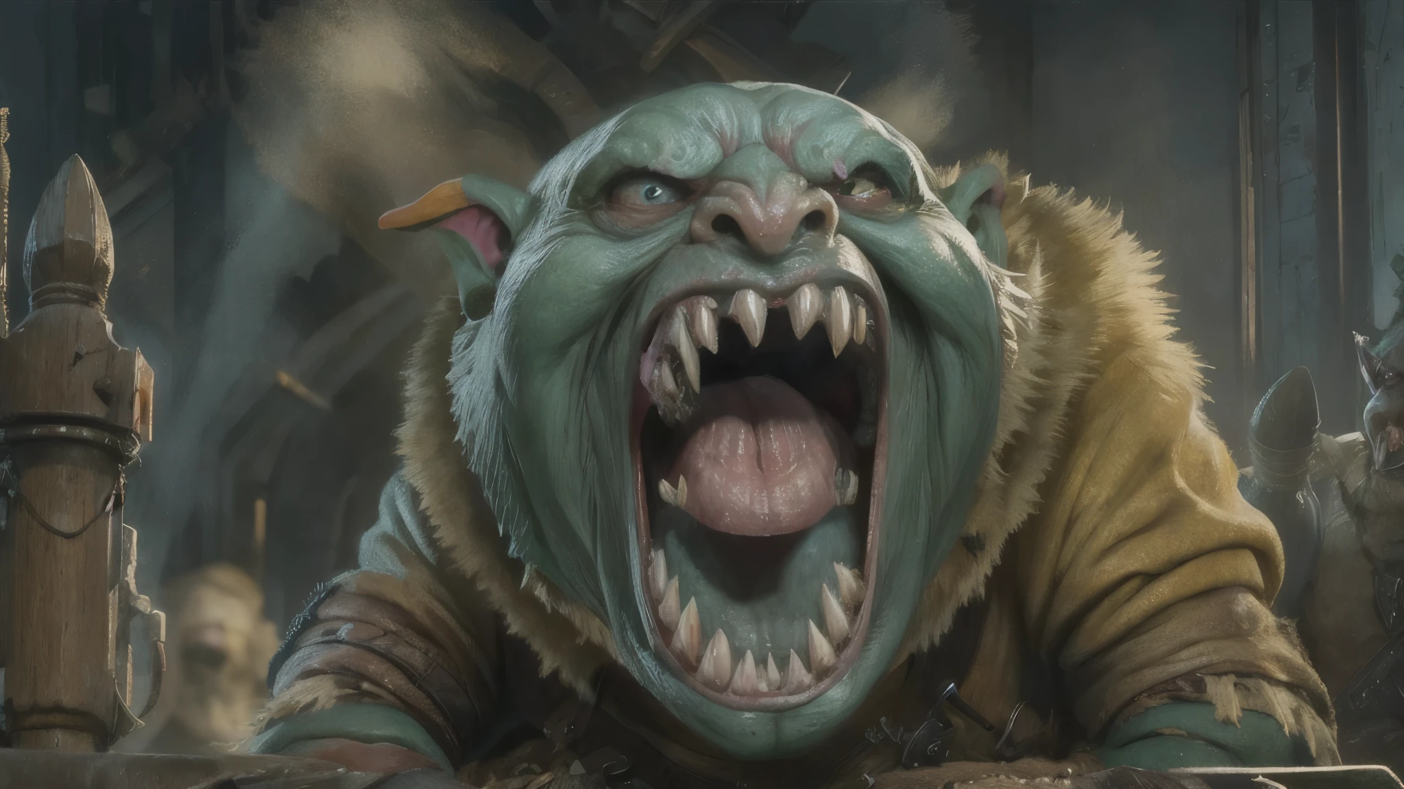 (master piece), 8k, best quality, Hobgoblin, caricatured, chubby, bluish-gray skin, pointed teeth, large lower canine teeth, medium and thick nose, 1.40cm tall, ugly, scary, screaming, angry