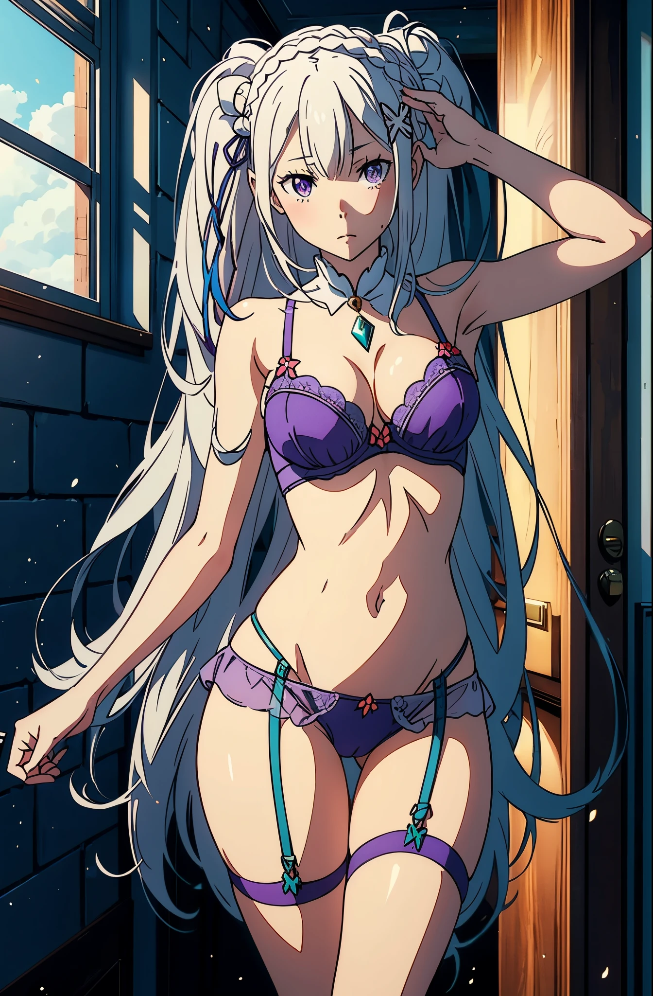 The world is mine - Emilia re:zero, purple eyes, Emilia, crown braid, x hair ornament, flower hair ornament, white hair, long hair, medium breast, lingerie, excellent quality, full hd, high definition