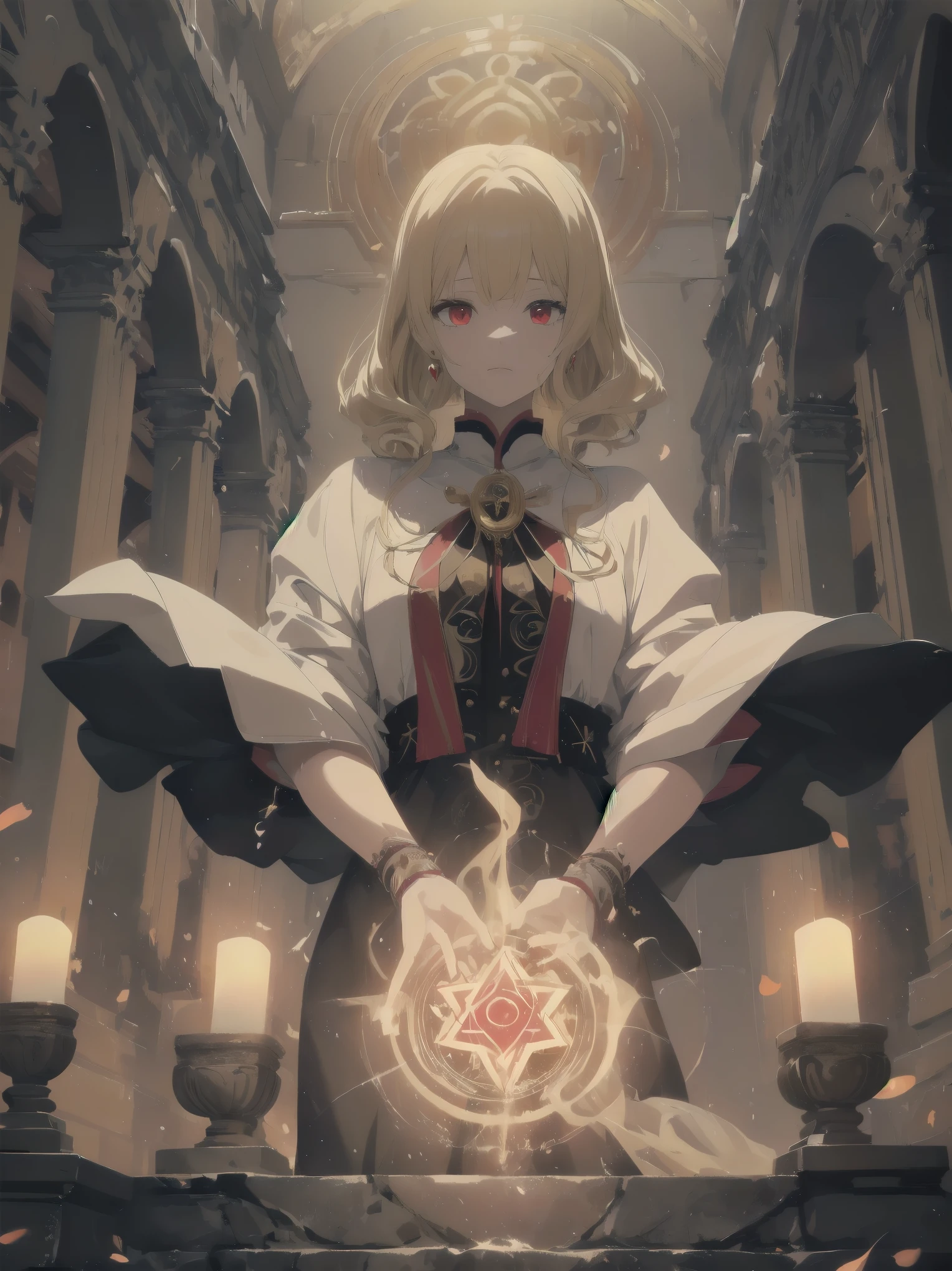 Subject: witches.
Subtitle: blonde hair, red eyes, noble, magical genius, outlandish scenes, concrete, background descriptions super-detailed and powerful, magical chanting fantastic.
Scene 1.
A blonde-haired, red-eyed witch begins an intricate magic chant in the centre of an ancient temple, maintaining a noble posture. Her voice echoes throughout the temple as a fantastic melody, and ancient letters on the stone walls glow in response to her voice. The magical energy summoned by the chanting swirls around her as she floats in the air, glowing with a mysterious light and preparing to release her unknown powers.