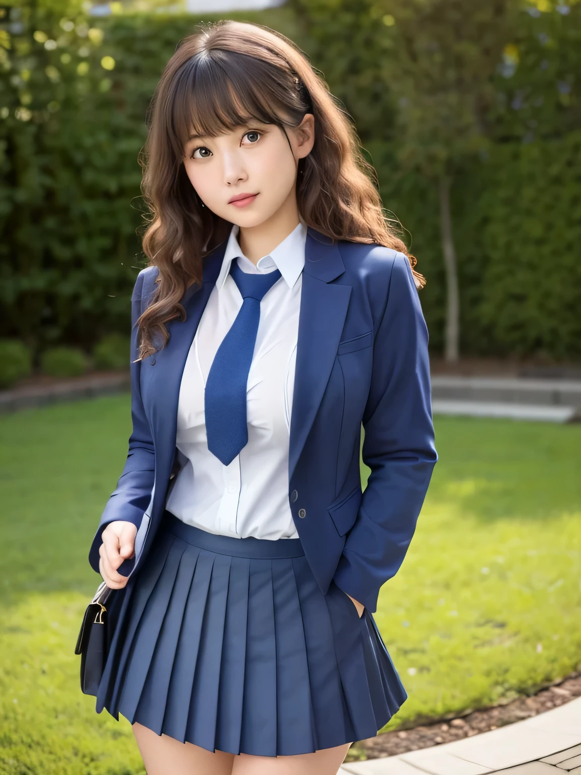 8k, highest quality, real image, intricate details, Super detailed, ultra high resolution, depth field,(realistic,realistic:1.2), from the middle, 1 Japanese girl, very beautiful 17 year old girl, Big eyes, beautiful breasts:1.5、highly detailed eyes:1.2), (beautiful breasts:1.1), (small breasts:1.5), wavy hair、curly hair、bangs, perfect skin, Fair skin, huge hips, thick thighs, thick legs, cleavage, tight waist, light blush, alone, looking at the viewer, (crying face:1.3), (School_uniform),(dark blue blazer), (white shirt、wear a tie), (gray pleated skirt), (sculpture installation :1.1)