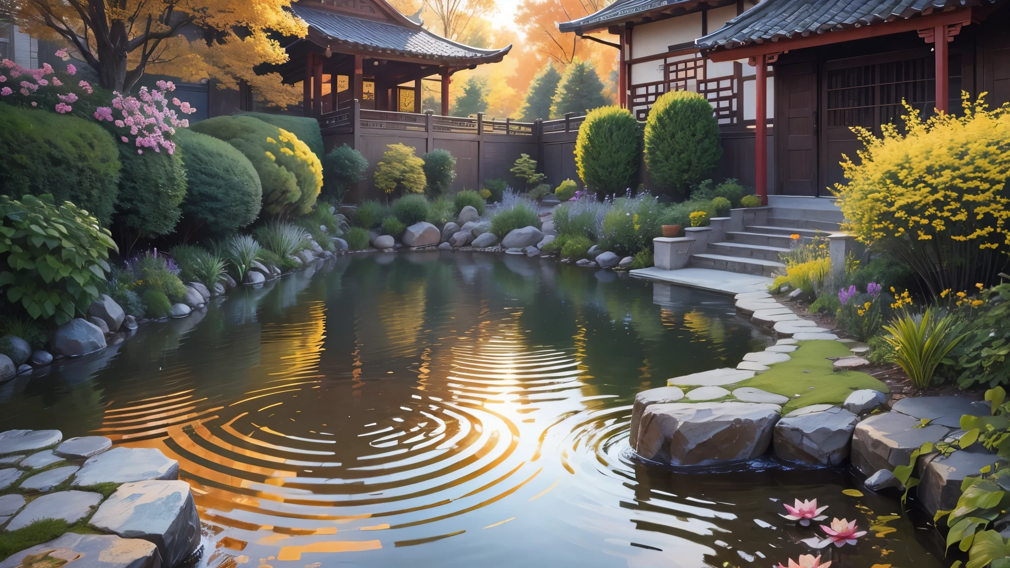 sunset,evening,Pond in Chinese courtyard,The pond has lotus flowers