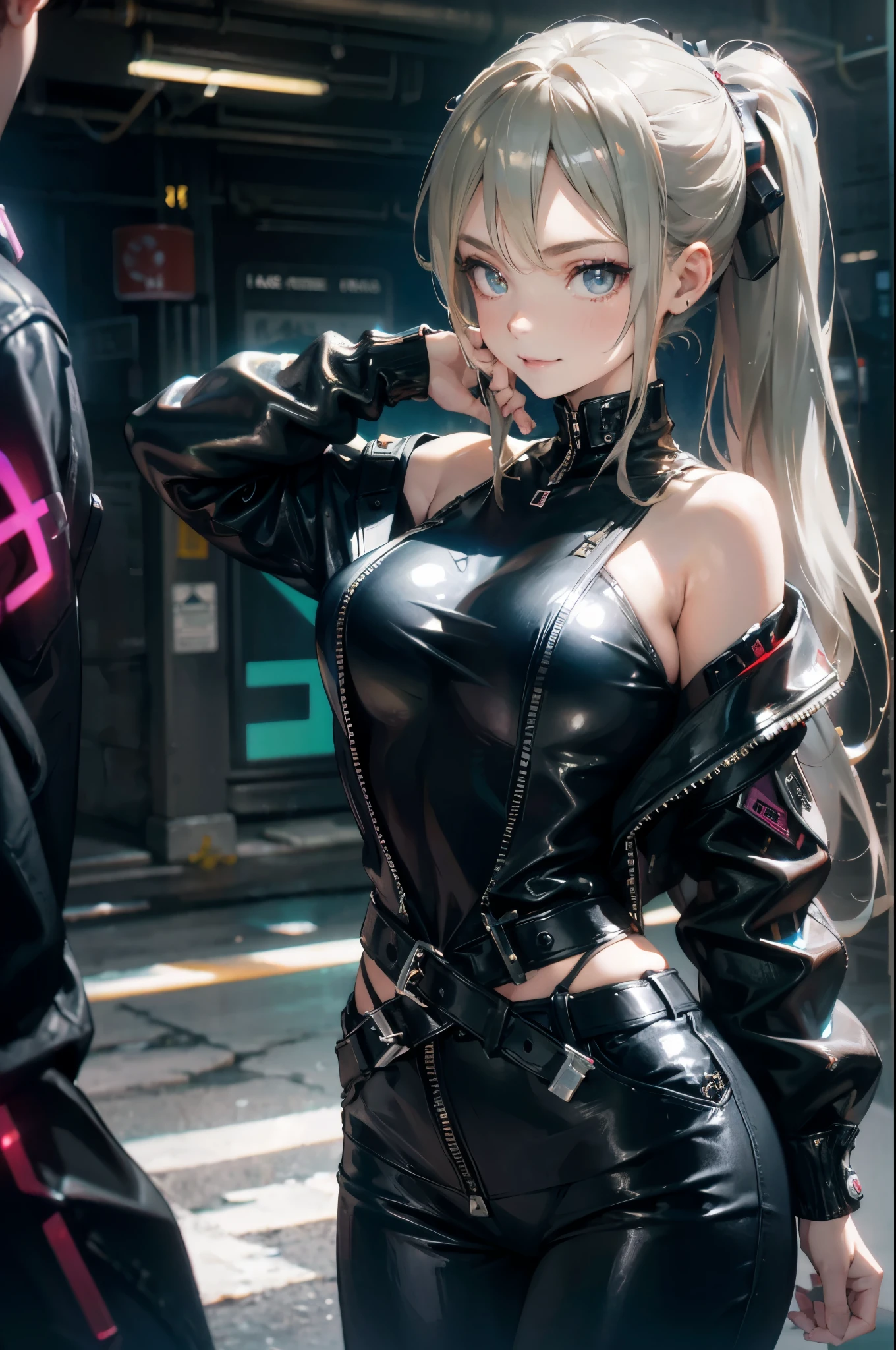 ****ta, Smile, 20 years old, ((best quality)), ((masterpiece)), (HD:1.3), 3d, fair (cyberpunk:1.3), Stylish woman in black leather jacket looking at camera, sleeveless, Awkward, Invisible waist skin, Blue and black leather pants, silver zipper,belt below waist,Super exquisite illustrations,blond , Forehead exposed, Silver center zip, Leather blue and black jumpsuit, Sleeves blue black, shining, blonde ponytail