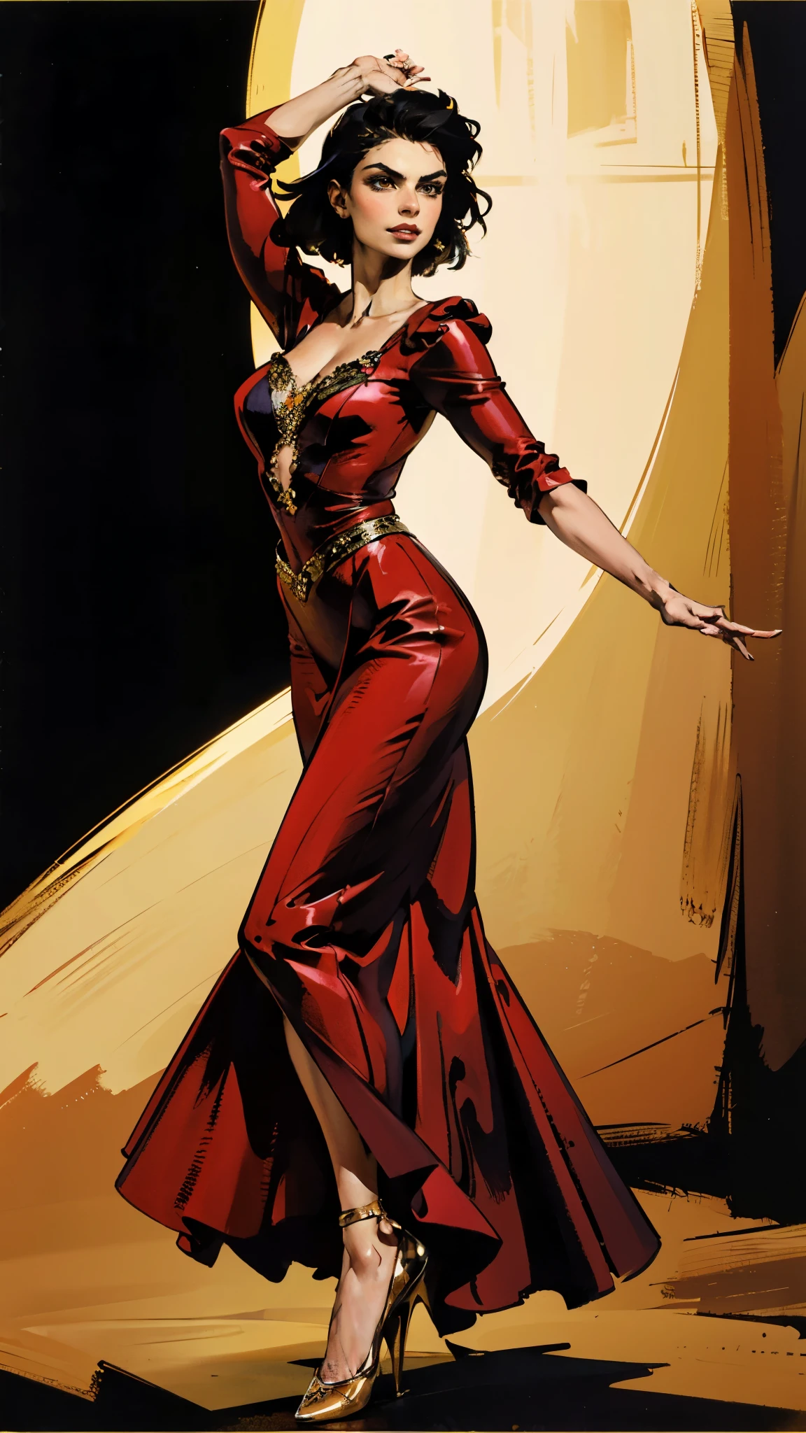A beautiful woman with medium-length chestnut-black hair, Latin American heritage, a flawless oval face, passionate gaze, sweet smile, tall and graceful dancer's figure, a fantasy-realism style flamenco-inspired dress, flowing skirt, alternating red and black textures, red as the main color, complemented by black accents, she gracefully performs her dance moves on the stage of a fantasy-style Western tavern, this character embodies a finely crafted fantasy-realism style Flamenco dancer in anime style, exquisite and mature manga art style, perfect body, perfect nose, perfect mouth, perfect eyes, perfect smille, goddess, feminine, (Morena Baccarin:1.2), high definition, best quality, highres, ultra-detailed, ultra-fine painting, extremely delicate, professional, anatomically correct, symmetrical face, extremely detailed eyes and face, high quality eyes, creativity, RAW photo, UHD, 32k, Natural light, cinematic lighting, masterpiece-anatomy-perfect, masterpiece:1.5
