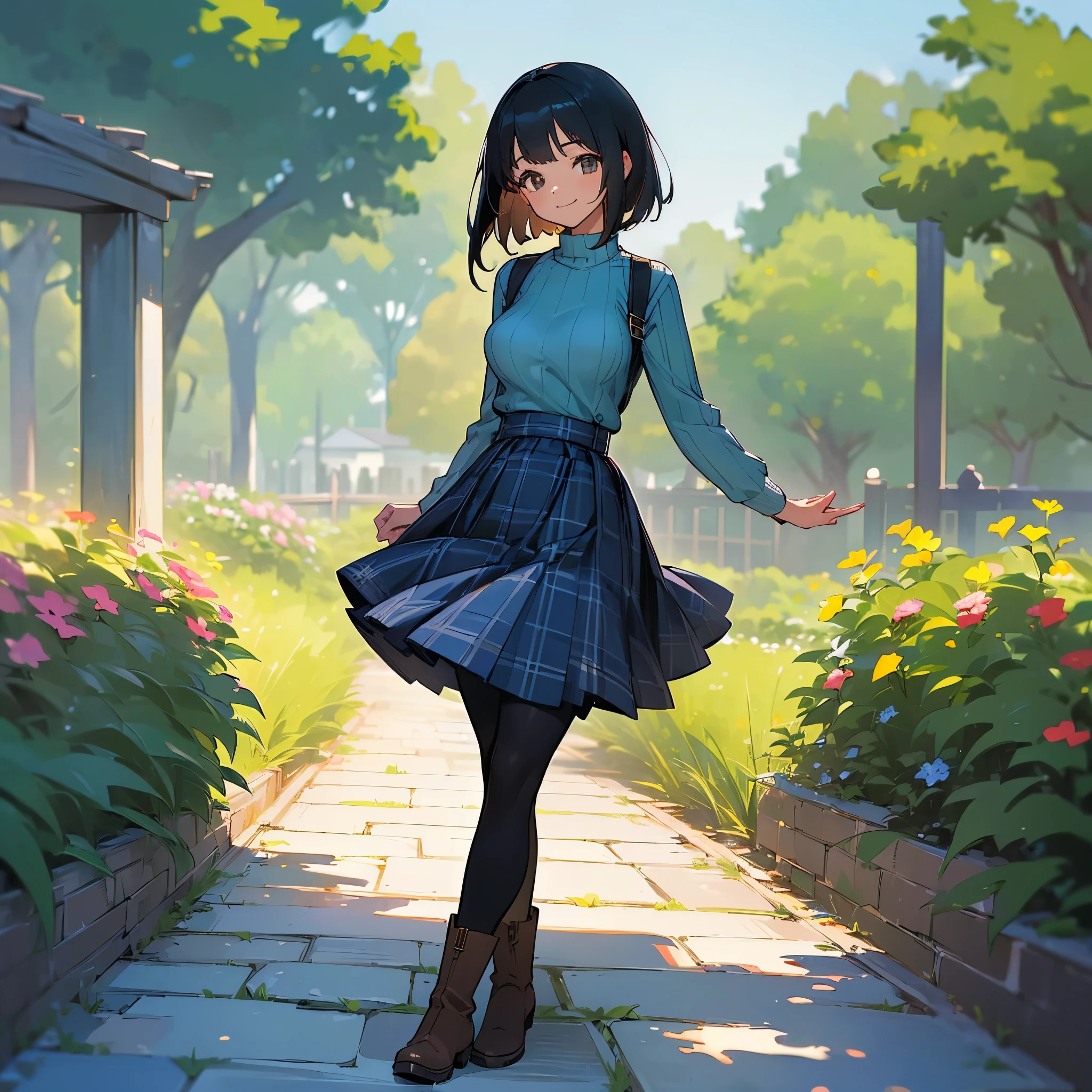 (high quality, High resolution, Super detailed, reality:1.37), peaceful atmosphere, (outdoor, garden), teenage girl standing alone, (my breasts are big.), Beautiful detail features, cute smile, (black bob hair), ribbed sweater, blue plaid skirt, black tights, brown boots.
