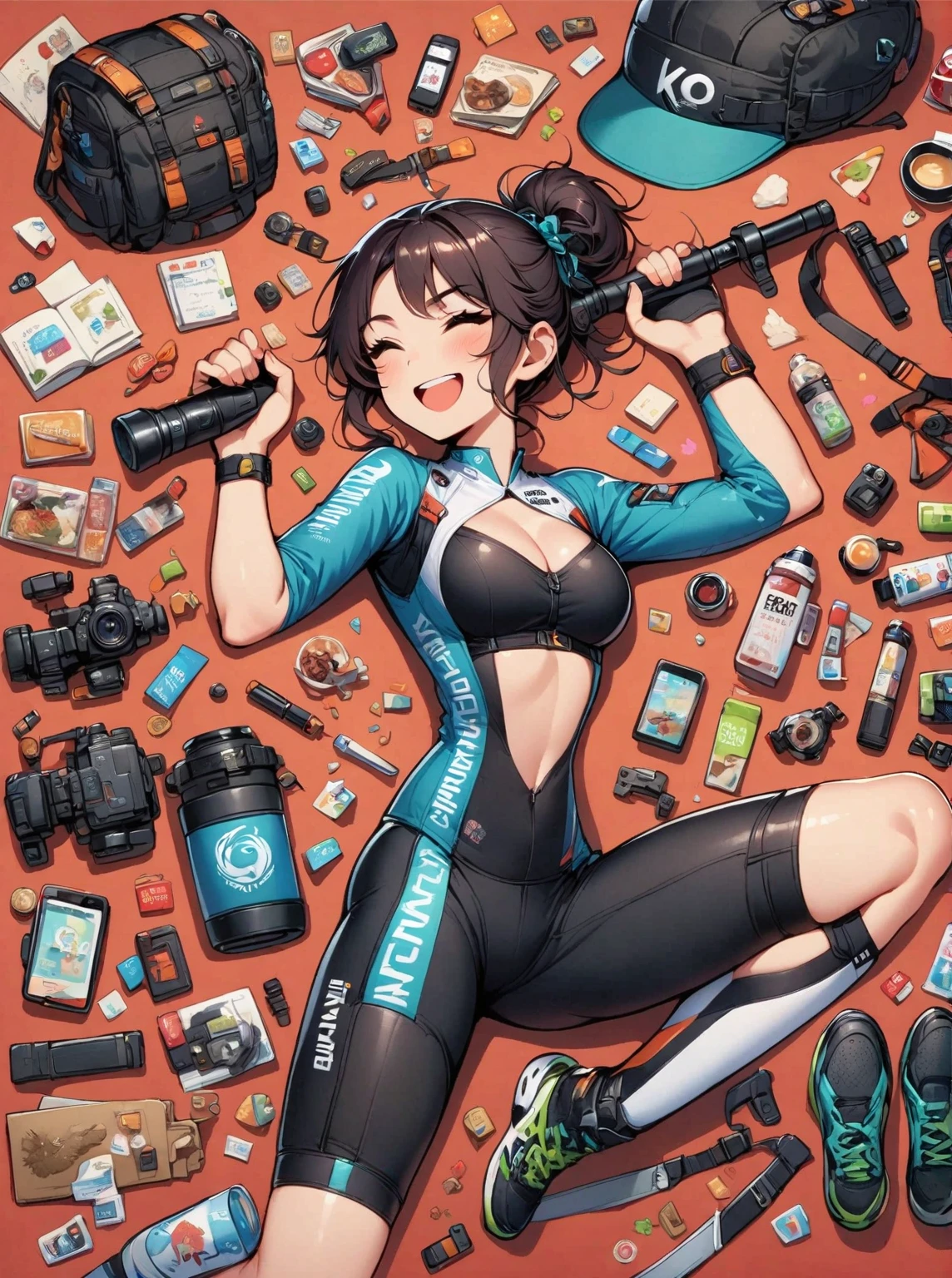 Asian face young girl,laughing expressin,Perfect body,road bike clothing,gear and
accessories,knolling layout organized on a table,person,knolling, Cartoon, pure red background