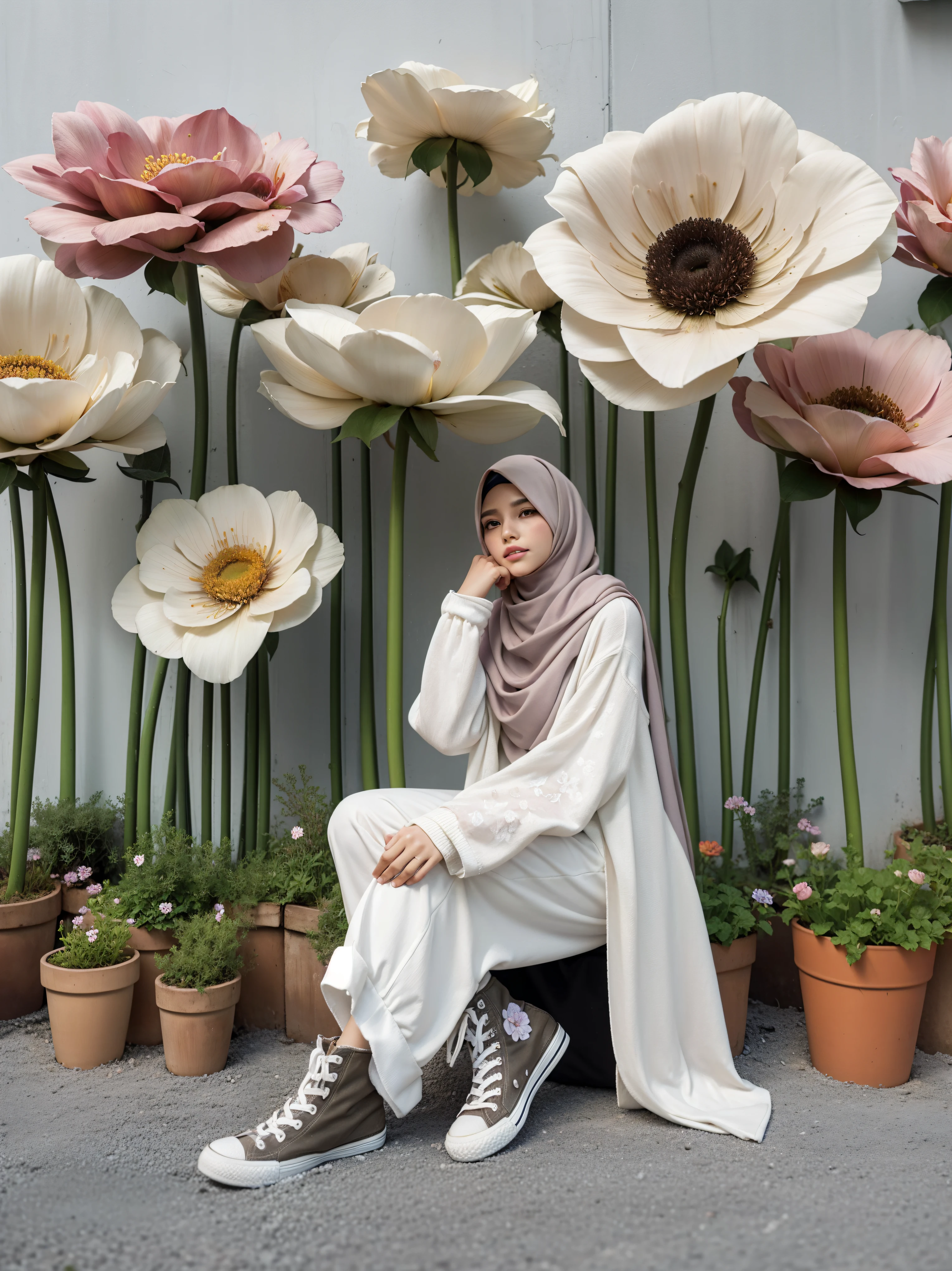there is a woman sitting on the ground in front of a wall with flowers, giant flowers, with flowers, white hijab, hijab, in garden, wearing a hoodie and flowers, standing in a flower field, sitting with flowers, inspired by Shaddy Safadi, smooth in _ the background, standing in flower field, highly aesthetic, inspired by JoWOnder
