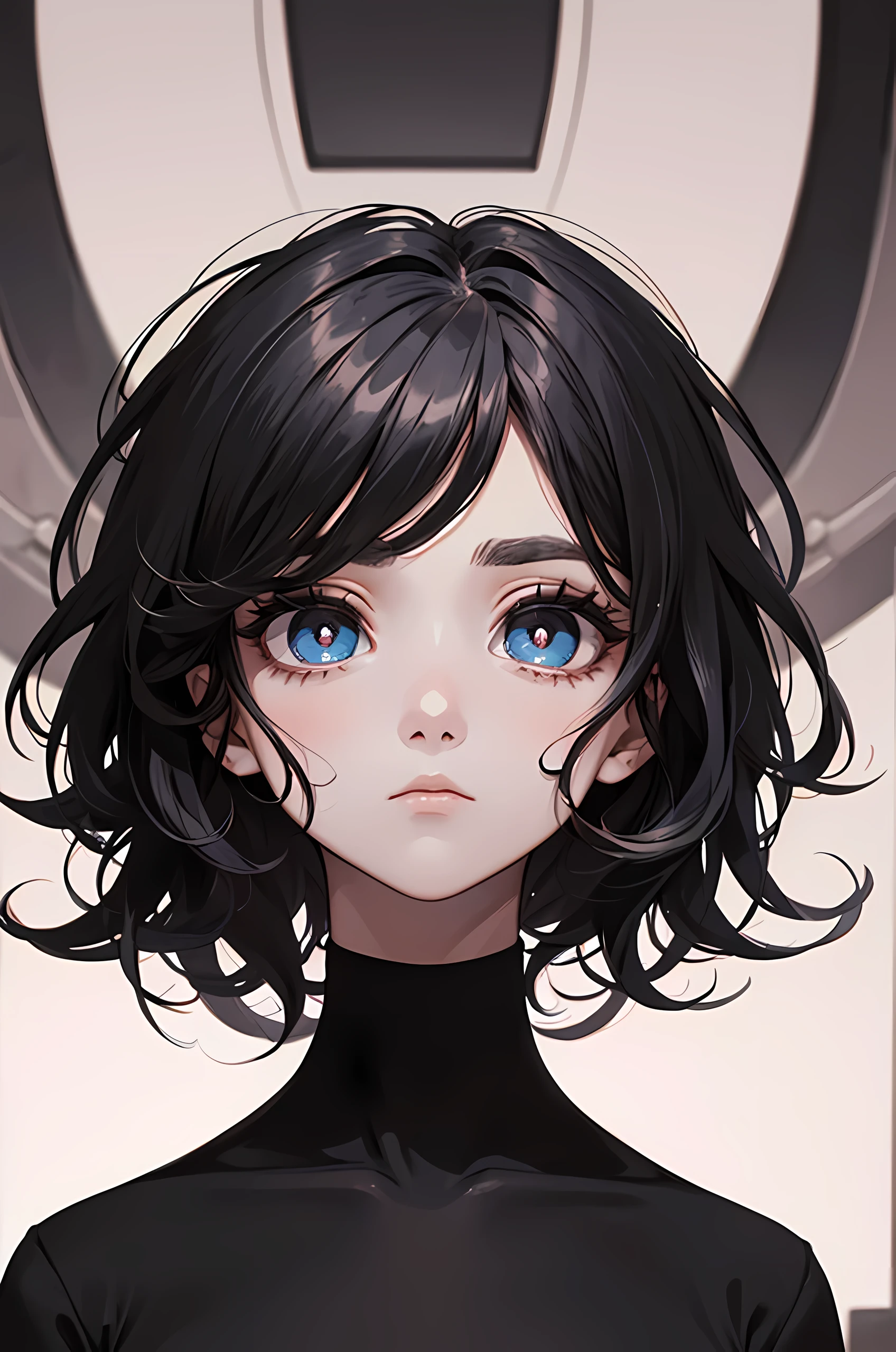 ((masterpiece , best quality ,face focus)), 27yo solo woman, slender, small breasts, (jet-black medium hair, ((messy hair)), dark circles under eyes:1.3) , (big eyes , expressionless:1.7), tight white t-shirt