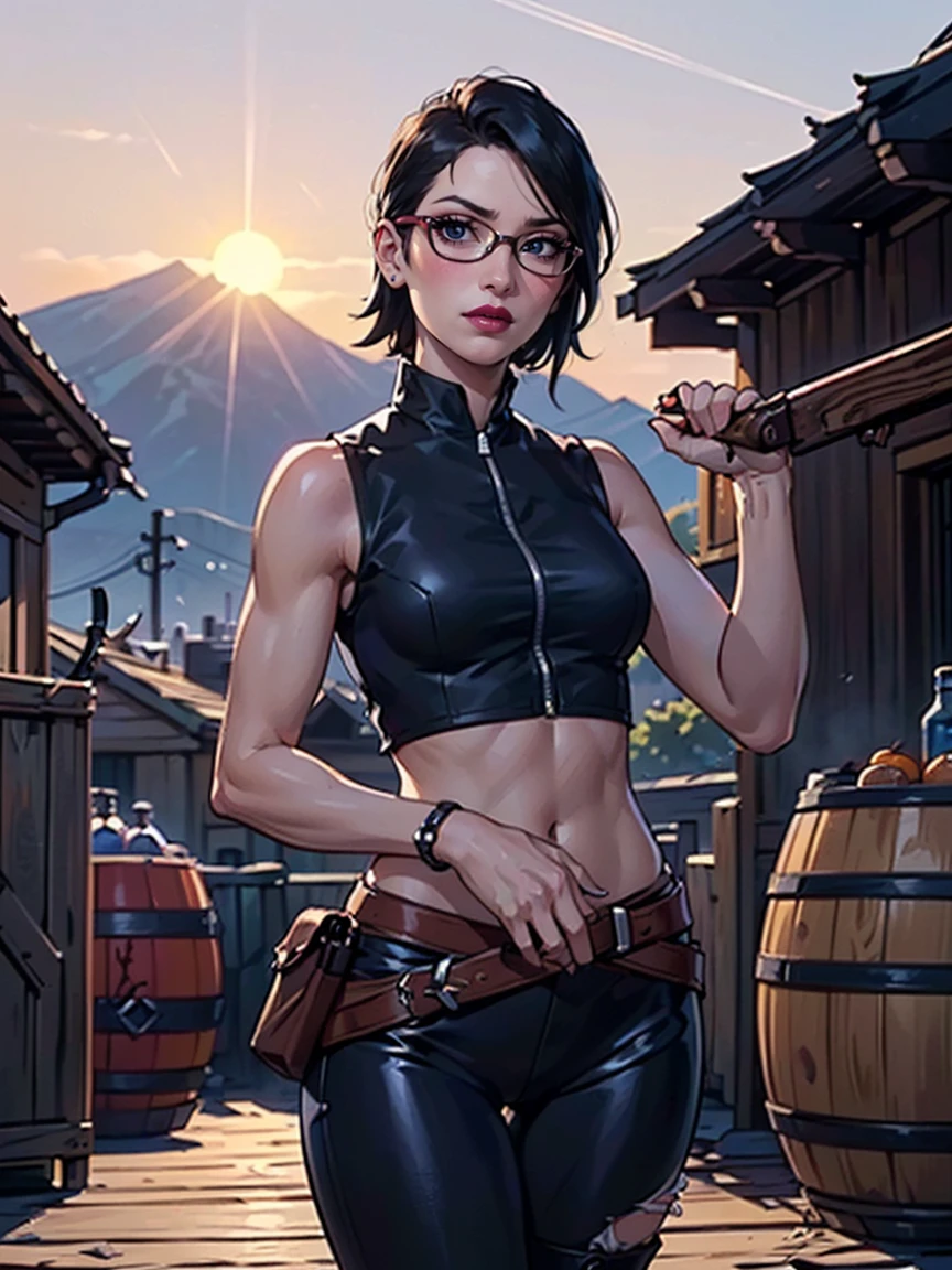 (1girl, solo, alone), (WakatsukiRisa, Sarada Uchiha, black hair, short hair, black eyes, red glasses), ((solo, (1woman, (small bust),pink lipstick, black eyes), Extremely detailed, ambient soft lighting, 4k, perfect eyes, a perfect face, perfect lighting, a 1girl)), ((fitness, shapely body, athletic body, toned body)), ((daring gunslinger, a captivating woman, exuding confidence, sleeveless leather vest adorned with silver buckles and intricate stitching, beneath it, a fitted, ripped black shirt tells tales of her battles and escapades, knee-high black leather boots, engraved with intricate patterns, and dark brown leather pants offering flexibility, her weapons of choice, a pair of customized revolvers, polished silver frames with wild west engravings, blued barrels, and smooth dark brown wood handles that rest comfortably in specially designed quick-draw holsters on her hips, in this dusty western town, she stands amidst wooden buildings showing signs of action and adventure, the sun sets the sky ablaze with oranges and purples, while distant mountains loom majestically, few people walk the streets, allowing her to remain the center of attention, her pose and facial expression radiate her confidence and competence, the gunslinger is ready for anything that comes her way, add any creative elements to enrich the artwork and bring her dynamic character to life))