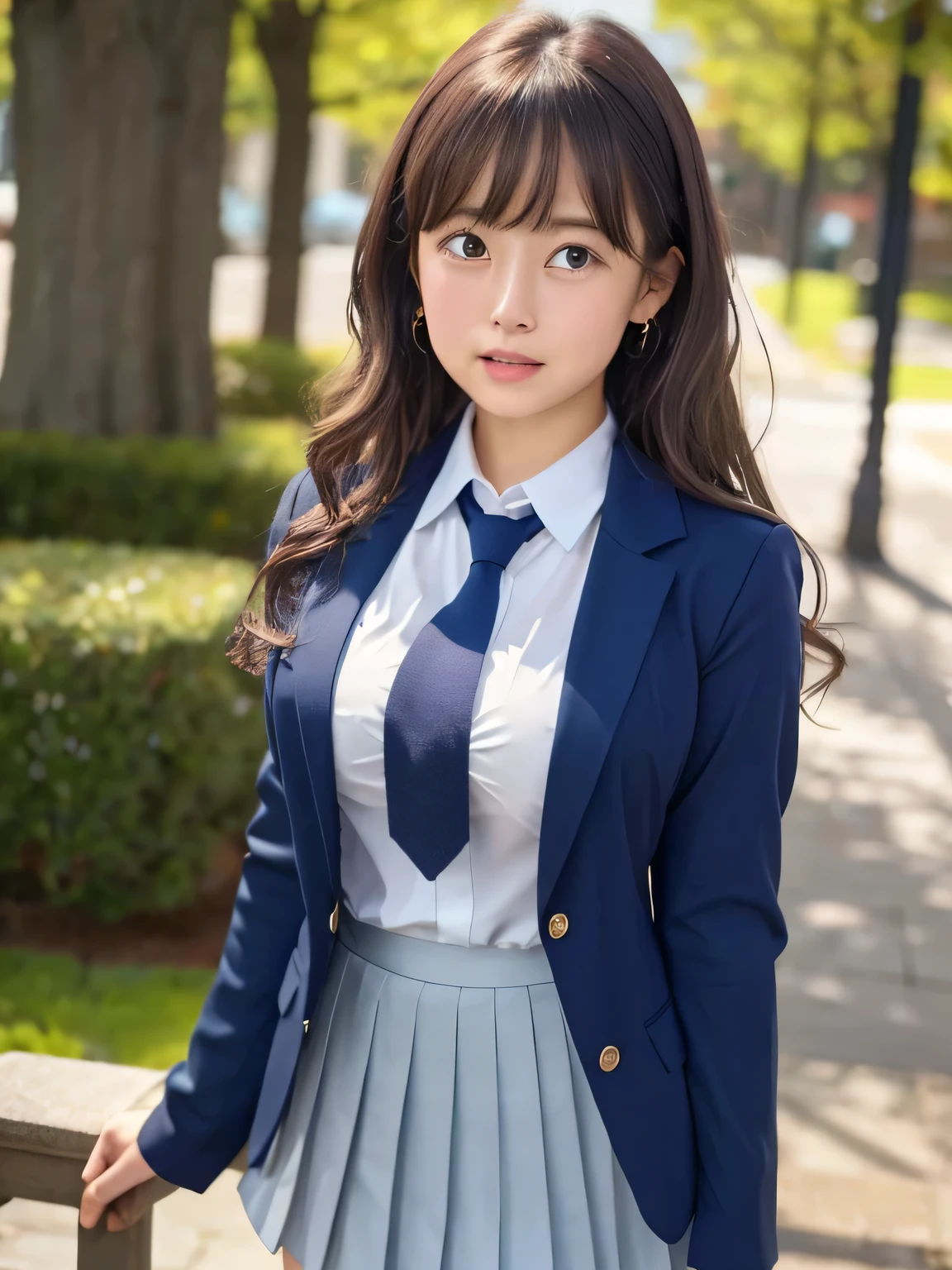 8k, highest quality, real image, intricate details, Super detailed, ultra high resolution, depth field,(realistic,realistic:1.2), from the middle, (crying face:1.3), 1 Japanese girl, very beautiful 17 year old girl, Big eyes, beautiful breasts:1.5、highly detailed eyes:1.2), (beautiful breasts:1.1), (small breasts:1.5), wavy hair、curly hair、bangs, perfect skin, Fair skin, huge hips, thick thighs, thick legs, cleavage, tight waist, light blush, alone, looking at the viewer, (School_uniform),(dark blue blazer), (white shirt、wear a tie), (gray pleated skirt), (sculpture installation :1.1)