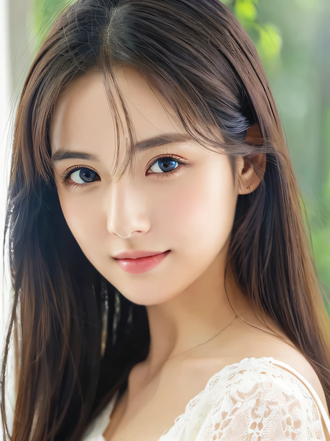 (((32k,high details,high detail、masterpiece,attention to detail,alone))),Raw photo & realistic atmosphere,beautiful dark blue eyes,detailed mouth,glossy lips,thin eyebrows,fine eyes、Soft white skin that shines in every detail、her deep black eyes are so beautiful,lip details、very beautiful face,very well-shaped face、lifelike face,shining beautiful lips,beautiful eyebrows,infinite reality, Realistic young gravure idol,she'she'she'she'she'she's a very cute woman , young gravure idol, young gravure idol, Very beautiful and cute 21 year old beautiful girl,incredibly beautiful and classy,21 year old beautiful girl,natural soft light,(shiny hair,,Beautiful and kind eyes:1.5),gentle smile,well-shaped chest,medium long hair,tie hair,beautiful posture,no makeup,think ahead,