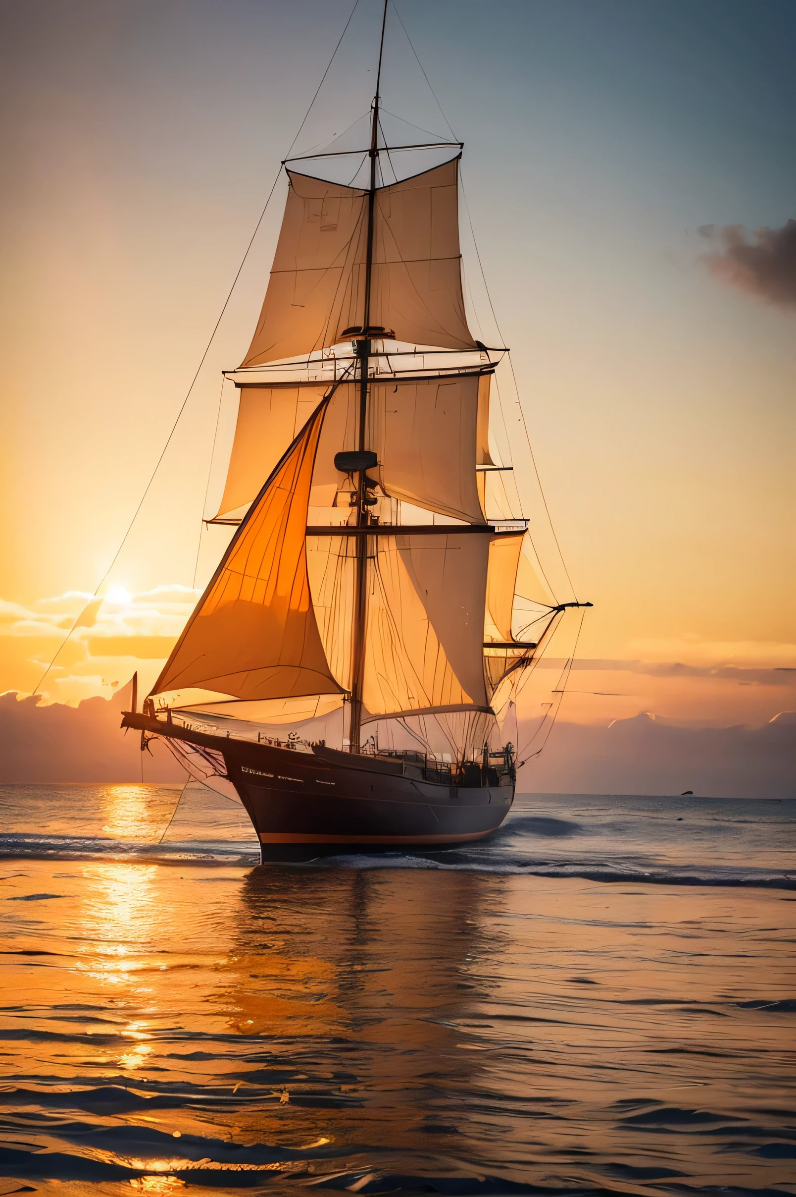 A stunning cinematic wildlife photograph capturing a majestic three-masted ship gliding gracefully on an orange ocean, bathed in warm hues of sunlight. There stands "Bathou" and "Neu-Seeburg". The ship's sails billow gently in the breeze, while the wooden deck and ropes cast intricate shadows. Seabirds fly overhead, adding a dynamic element to the scene, and the distant horizon is a blend of fiery oranges and soft yellows. The overall atmosphere evokes a sense of adventure and exploration in a realm of warm, vibrant colors., cinematic, wildlife photography