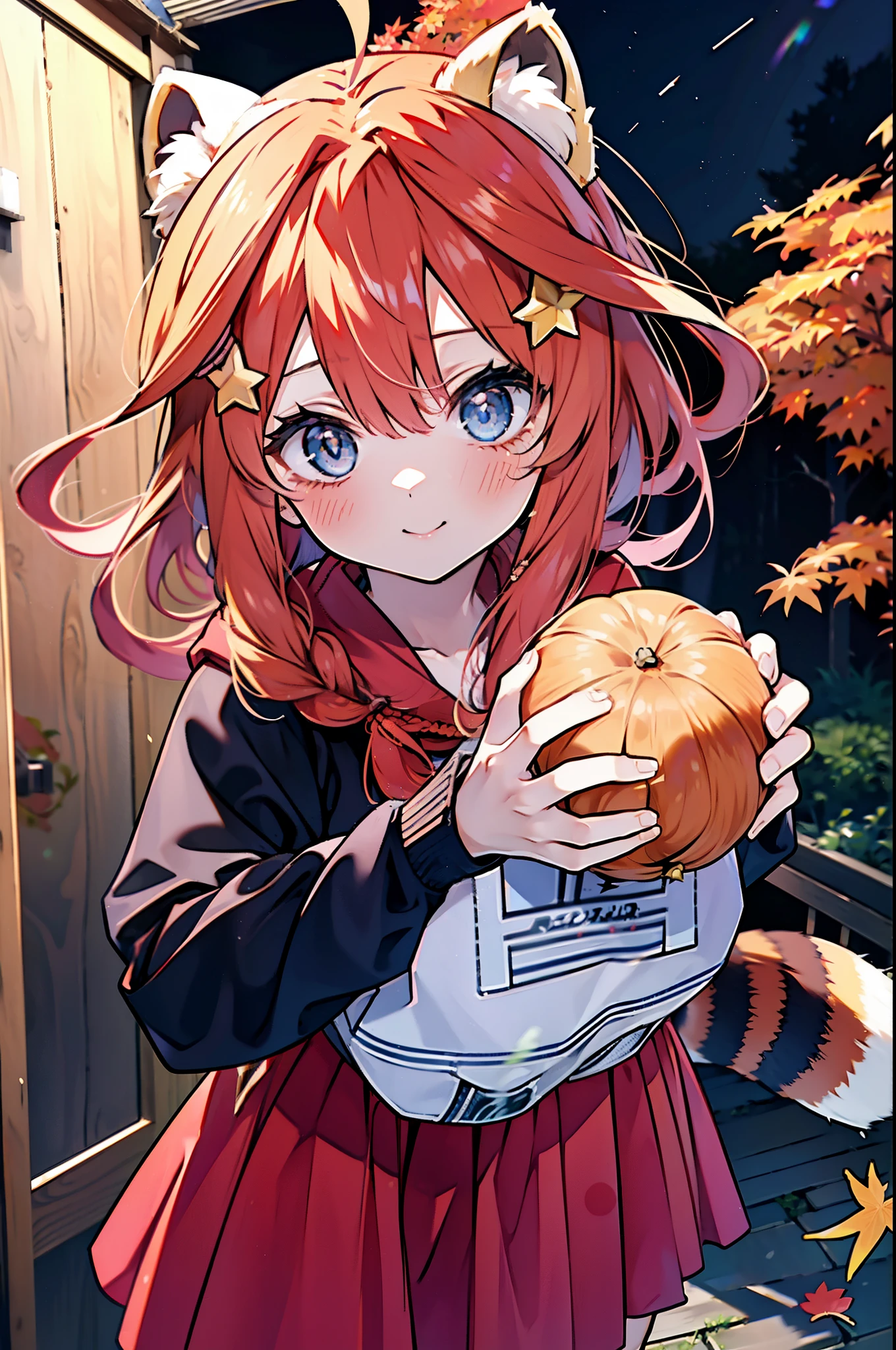 itsukinakano, itsuki nakano, bangs, blue eyes, hair between eyes, Ahoge, redhead, star \(symbol\), short braided hair,hair ornaments, star hair ornaments,smile,blush,animal ears　raccoon ears,animal tail　raccoon tail,Akabuchi Glasses,red hoodie,white long skirt,Cute Sandals,autumn leaves,autumn leavesが散っている,autumn leaves道,whole bodyがイラストに入るように,night,moonlight,moonlight,
break outdoors,garden,
break looking at viewer,whole body,(cowboy shot:1.5),
break (masterpiece:1.2), highest quality, High resolution, unity 8k wallpaper, (shape:0.8), (beautiful deしっぽed eyes:1.6), extremely deしっぽed face, perfect lighting, extremely deしっぽed CG, (perfect hands, perfect anatomy),