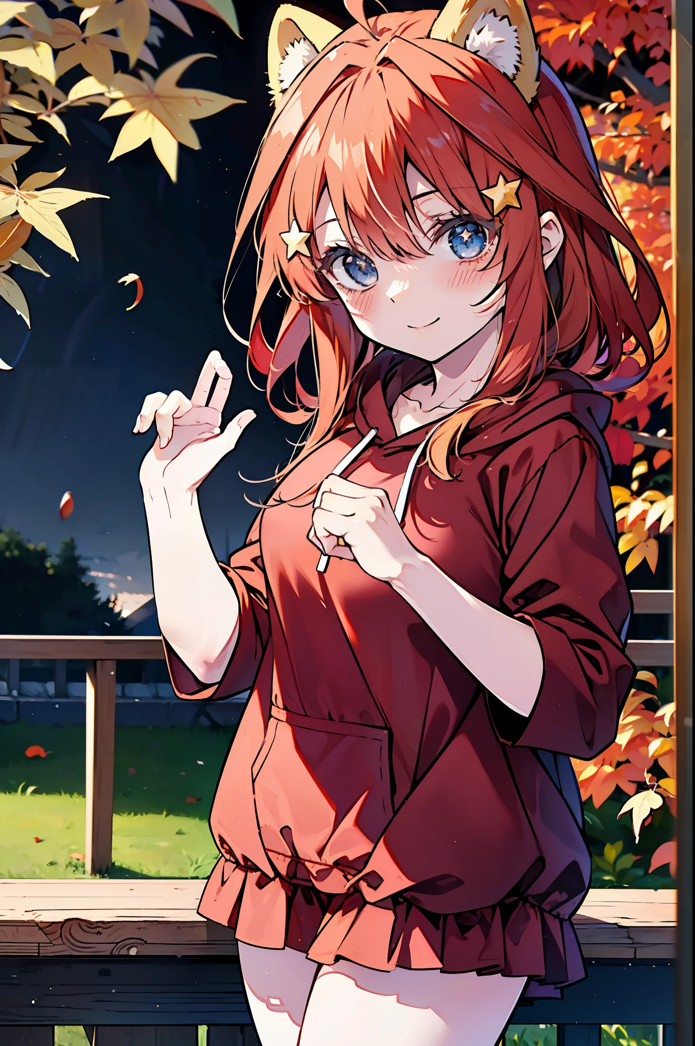 itsukinakano, itsuki nakano, bangs, blue eyes, hair between eyes, Ahoge, redhead, star \(symbol\), short braided hair,hair ornaments, star hair ornaments,smile,blush,animal ears raccoon ears,animal tail raccoon tail,Akabuchi Glasses,red hoodie,white long skirt,Cute Sandals,autumn leaves,autumn leavesが散っている,autumn leaves道,whole bodyがイラストに入るように,night,moonlight,moonlight,
break outdoors,garden,
break looking at viewer,whole body,(cowboy shot:1.5),
break (masterpiece:1.2), highest quality, High resolution, unity 8k wallpaper, (shape:0.8), (beautiful deしっぽed eyes:1.6), extremely deしっぽed face, perfect lighting, extremely deしっぽed CG, (perfect hands, perfect anatomy),
