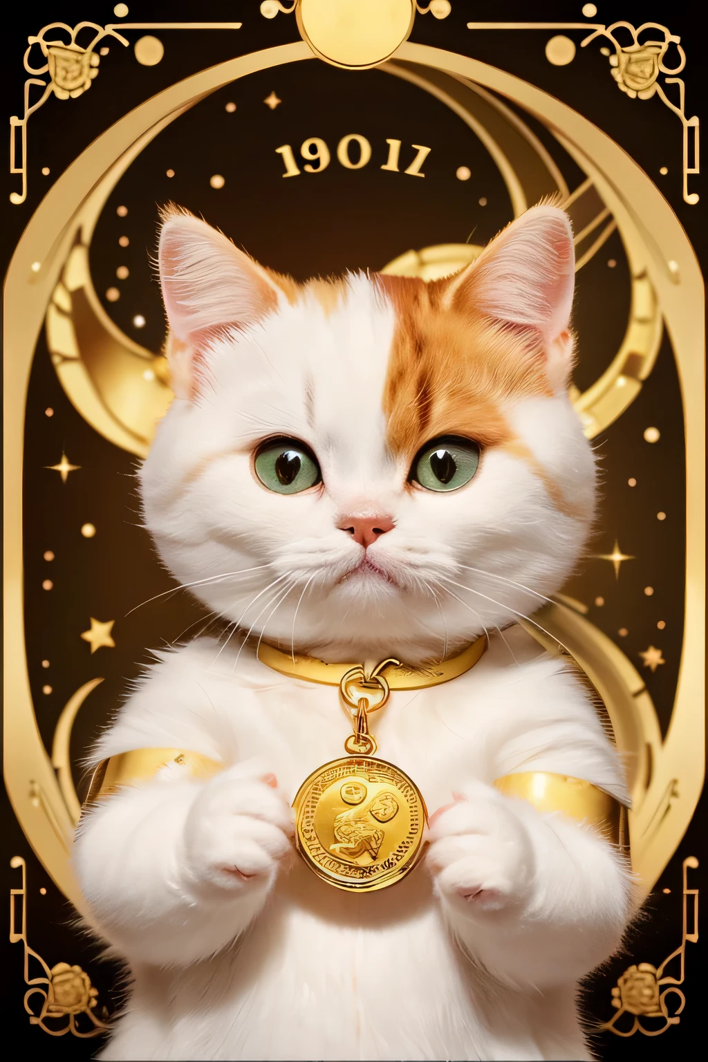 A very cute baby calico beckoning cat、Please draw him holding a gold coin in his right hand in an adorable pose.。Add a symbol of good luck to the background、Express a mysterious atmosphere。realistic