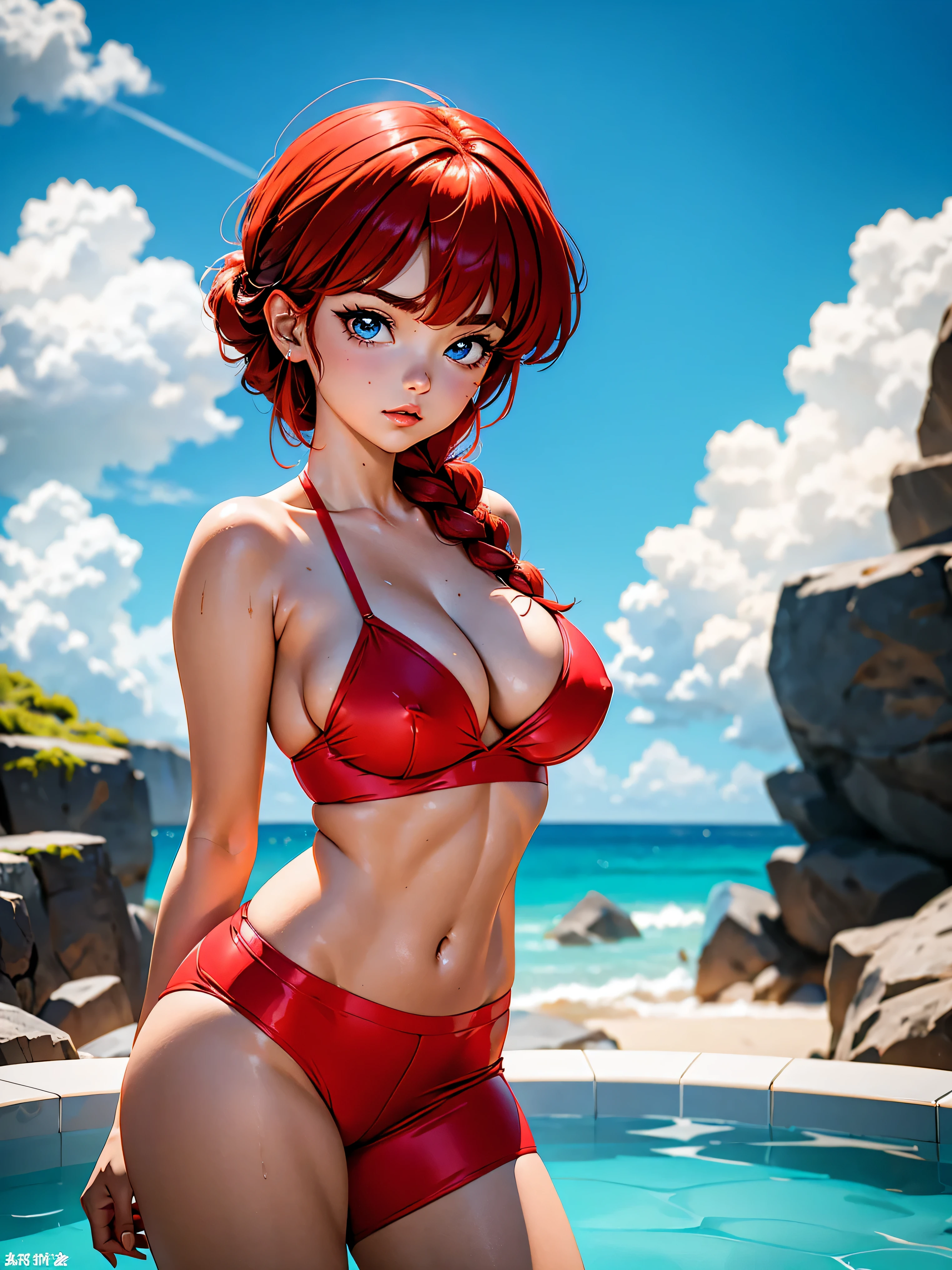 Garota anime ruiva com bermuda jeans e vestido vermelho red, , corpo bonito, seios gs, with hands behind head, running your hands through your hair, Garota sexy, red sh hair with braid, mechas de cabelo laterais, mechas de cabelo na lateral do rosto, beautiful lighting, sombras suaves, olhos azuis, pernas bonitas, short hair with braid, estilo anime, Ranma Chan, Autora Rumiko Takahashi, Baseado em obra de Rumiko Takahashi, Anime Ranma 1/ 2, decote sexy, quadril rsto, corpo inteiro, corpo inteiro, busto grande, garota jovem com corpo belo e bonito tomando banho de chuva, sandals on his feet, garota 16 anos jovem baixura, wearing jeans, garota anime, estilo anime, beautiful feet in sandals, ao ar livre, red hair braid, belos seios, oily breasts
