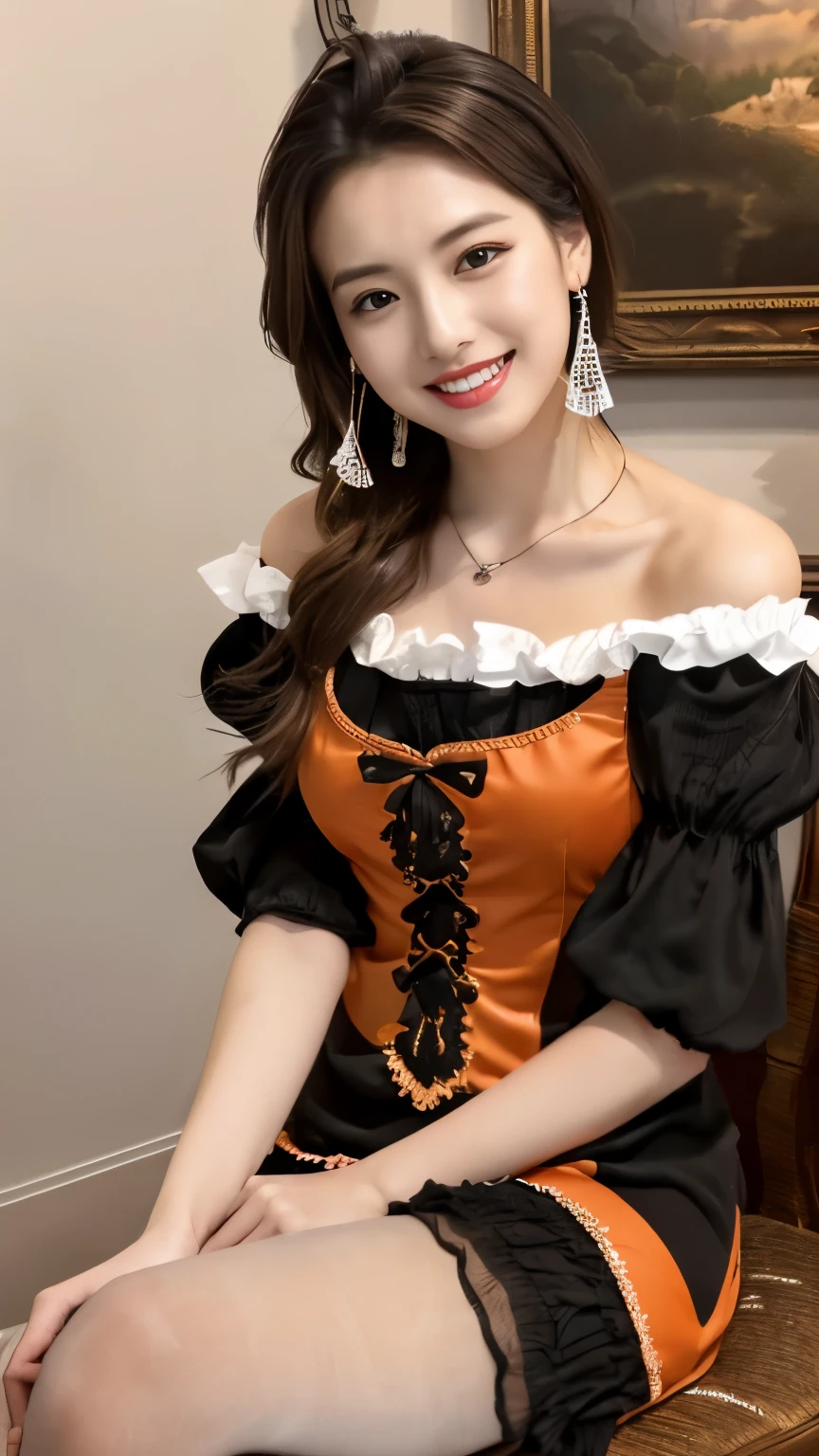 ulzzang-6500-v1.1,(masterpiece, highest quality:1.3), (Ultra-detailed 8K:1.2), (hyperrealistic:1.35),(Raw photo:1.2),highest quality, High resolution, wallpaper, realistic, (dramatic, Realistic painting art by Midjourney:1.3) BREAK 
1girl, 18yo,(german maid:1.5),(frilled_maid_dress, luxury decoration:1.5),(gater belt),(Orange and black costume,pantyhose:1.3),(off-shoulder:1.5),(thighs:1.5) (super beautiful girl:1.5), beautiful skin, beautiful and detailed eyes, detailed face, Perfect style,smile,looking at camera,Take photos from up close to her,big breasts,very detailed face、White and clean teeth,dark brown eyes,chest strengthening,emphasize body line,smile at me lovingly、beautiful lips,glossy lips,white teeth, Gothic style Western-style dining room,professional lighting