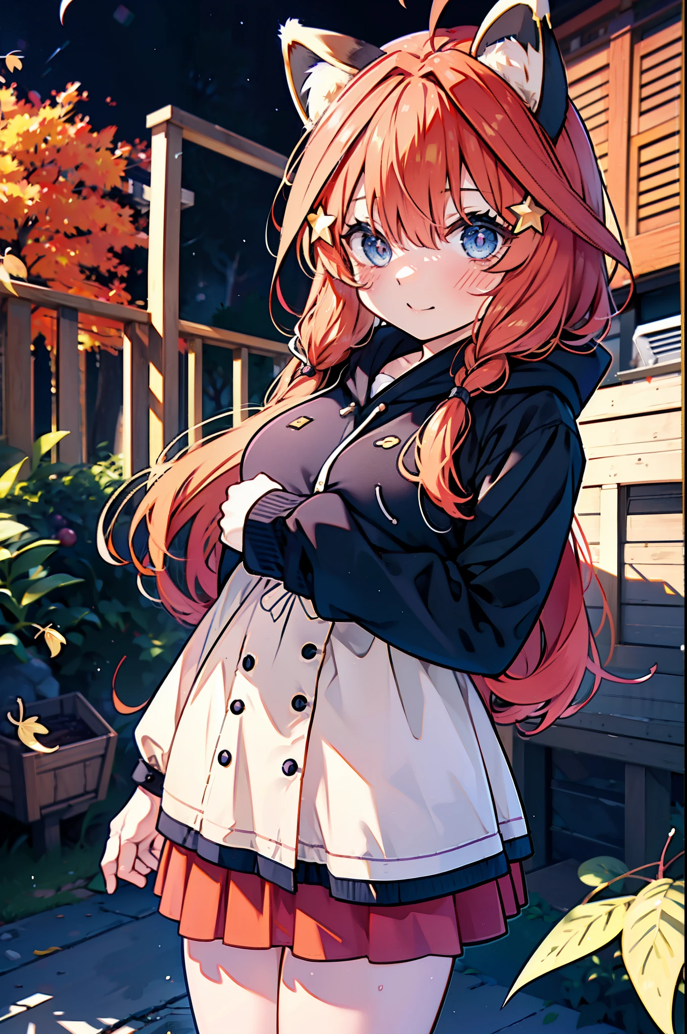 itsukinakano, itsuki nakano, bangs, blue eyes, hair between eyes, Ahoge, redhead, star \(symbol\), short braided hair,hair ornaments, star hair ornaments,smile,blush,animal ears raccoon ears,animal tail raccoon tail,Akabuchi Glasses,red hoodie,white long skirt,Cute Sandals,autumn leaves,autumn leavesが散っている,autumn leaves道,whole bodyがイラストに入るように,night,moonlight,moonlight,
break outdoors,garden,
break looking at viewer,whole body,(cowboy shot:1.5),
break (masterpiece:1.2), highest quality, High resolution, unity 8k wallpaper, (shape:0.8), (beautiful deしっぽed eyes:1.6), extremely deしっぽed face, perfect lighting, extremely deしっぽed CG, (perfect hands, perfect anatomy),