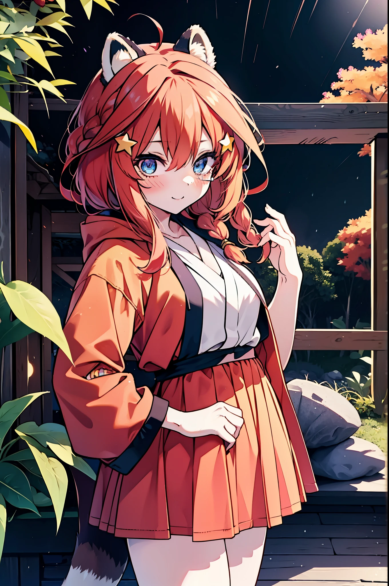 itsukinakano, itsuki nakano, bangs, blue eyes, hair between eyes, Ahoge, redhead, star \(symbol\), short braided hair,hair ornaments, star hair ornaments,smile,blush,animal ears　raccoon ears,animal tail　raccoon tail,Akabuchi Glasses,red hoodie,white long skirt,Cute Sandals,autumn leaves,autumn leavesが散っている,autumn leaves道,whole bodyがイラストに入るように,night,moonlight,moonlight,
break outdoors,garden,
break looking at viewer,whole body,(cowboy shot:1.5),
break (masterpiece:1.2), highest quality, High resolution, unity 8k wallpaper, (shape:0.8), (beautiful deしっぽed eyes:1.6), extremely deしっぽed face, perfect lighting, extremely deしっぽed CG, (perfect hands, perfect anatomy),