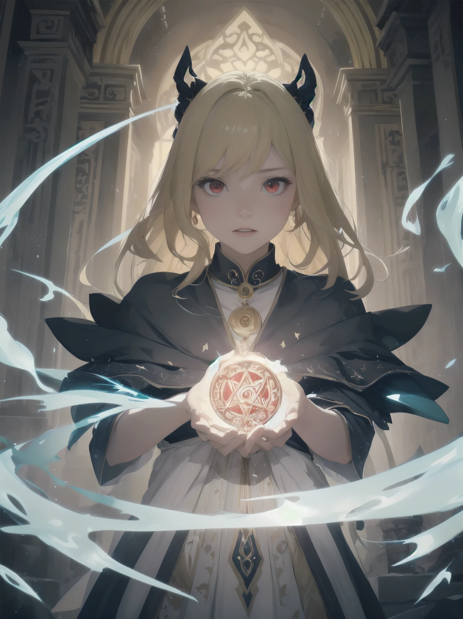 Subject: witches.
Subtitle: blonde hair, red eyes, noble, magical genius, outlandish scenes, concrete, background descriptions super-detailed and powerful, magical chanting fantastic.
Scene 1.
A blonde-haired, red-eyed witch begins an intricate magic chant in the centre of an ancient temple, maintaining a noble posture. Her voice echoes throughout the temple as a fantastic melody, and ancient letters on the stone walls glow in response to her voice. The magical energy summoned by the chanting swirls around her as she floats in the air, glowing with a mysterious light and preparing to release her unknown powers.
