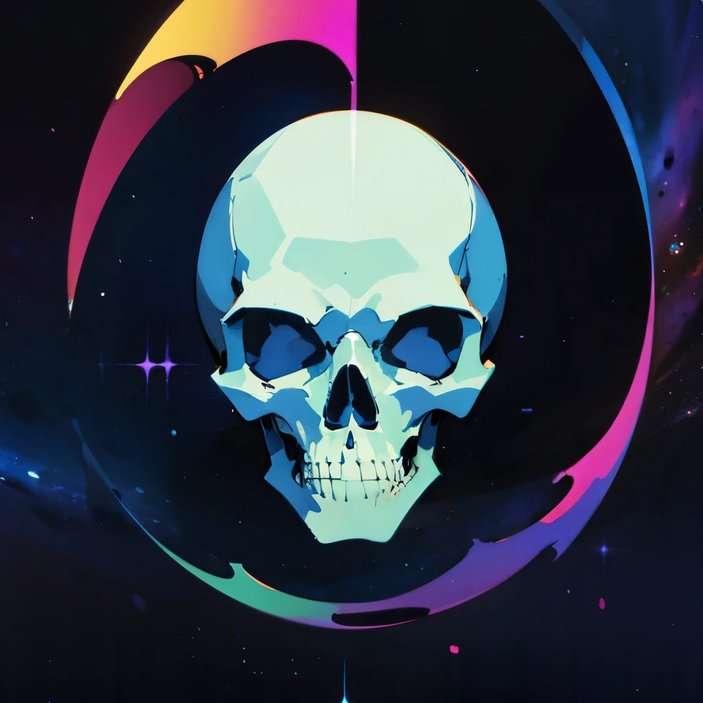 watercolor picture of a skull, colorful, deep cosmic background,wise,all-powerful face with wisdom in the eyes.