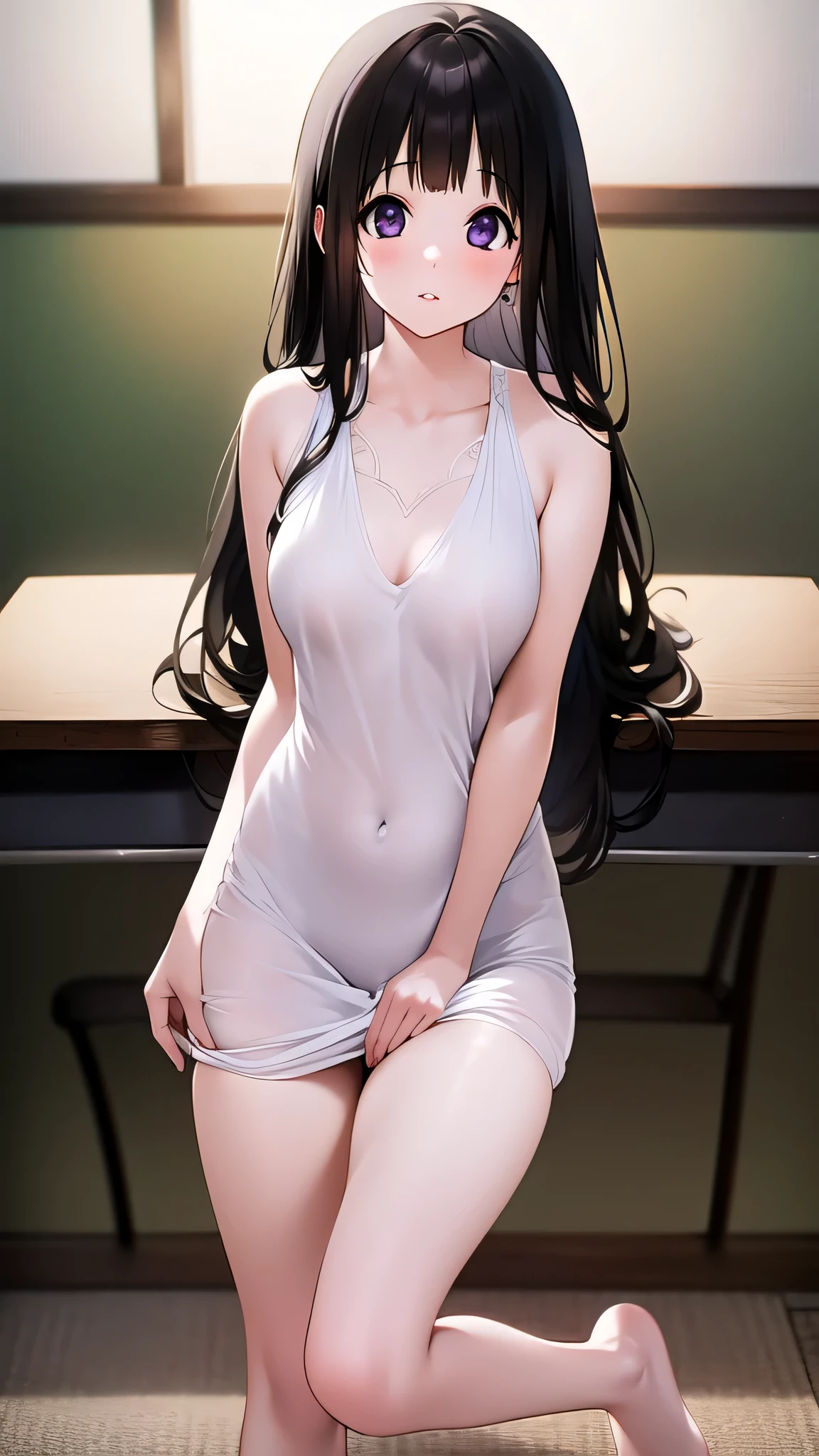 Amazing Chitanda Eru, There is only one beautiful girl，purple eyes, black hair, Naturally straight hair, straight bangs, extremely refined，adult face，lips open，flowing long hair，Peerless beautiful girl, dreamlike，Slim，soft, (Sensual), (kawaii), Dream quality，Beside the classroom，White transparent nightdress，camel toe，no underwear，side breasts，showing areola，Bare thighs，bare shoulders，Clavicle exposed，bare neck，groin，barefoot，bare breasts，ultra high resolution, (masterpiece:1.2, best quality), (Exquisite and beautiful eyes: 1.2), (Beautiful and delicate face)