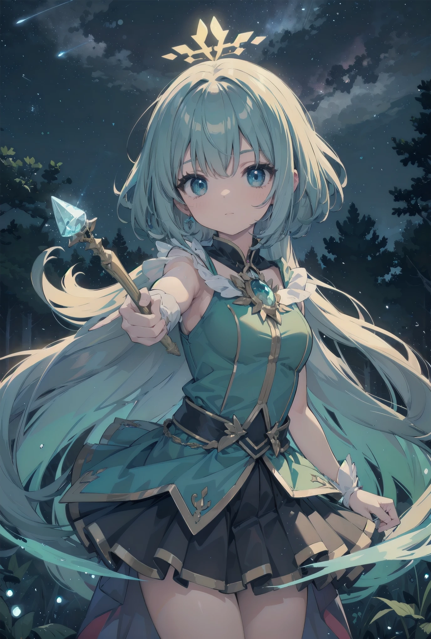 Subject: pretty magical girls.
Subtitle: masterpiece, fantastic, magical, powerful pose
Under a starry sky, in the centre of a mysterious forest, a pretty magical girl raises her glowing wand to the heavens. Around her, particles of seven-coloured magic dance, and with her powerful pose, the entire forest is enveloped in a fantastic light. For this brief moment, even time seems to have frozen.