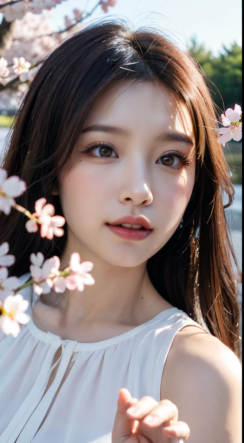 Mustepiece, top quality, illustration, ultra-definition, fine details, high resolution, 8K wallpaper, perfect dynamic composition, beautiful detailed eyes, wearing a dress, natural colored lips, random cute pose, perfect and beautiful face, cute, sexy face, sunset, ecstasy face, feminine face, (cherry blossoms, cherry blossoms, falling cherry blossom petals, cherry blossom blizzard, falling petals), waving in the wind Hair, hair fluttering, pink cherry blossoms, petals dancing, cherry blossom snowstorm, wonderful scenery, sunrise, background sun, wind,