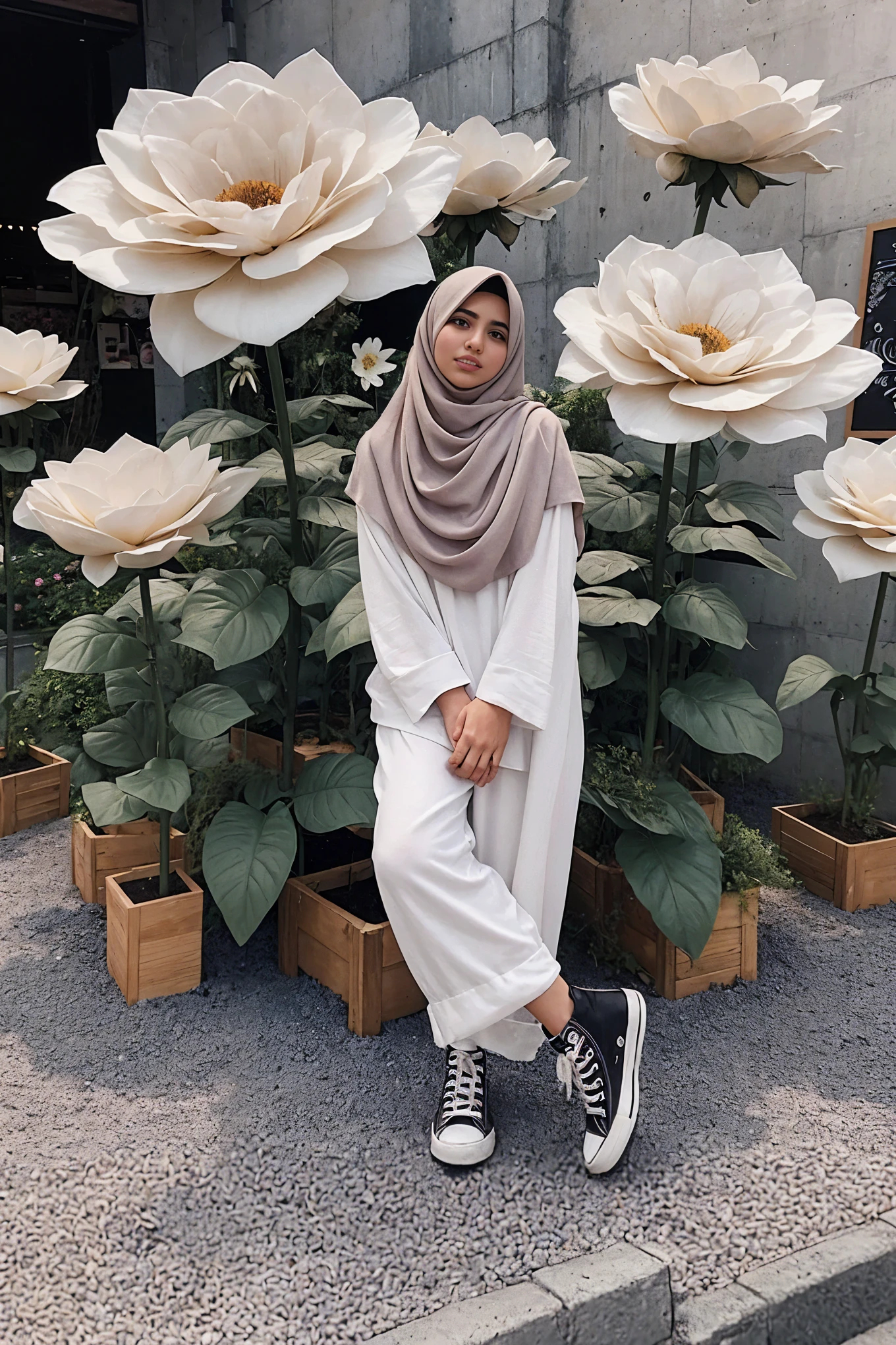 there is a woman and a  standing in front of a flower display, giant flowers, hijab, huge blossoms, white hijab, inspired by Fathi Hassan, standing in a flower field, in garden, inspired by Shaddy Safadi, with a , modest, with flowers, standing in flower field, instagram picture, beautiful aesthetic