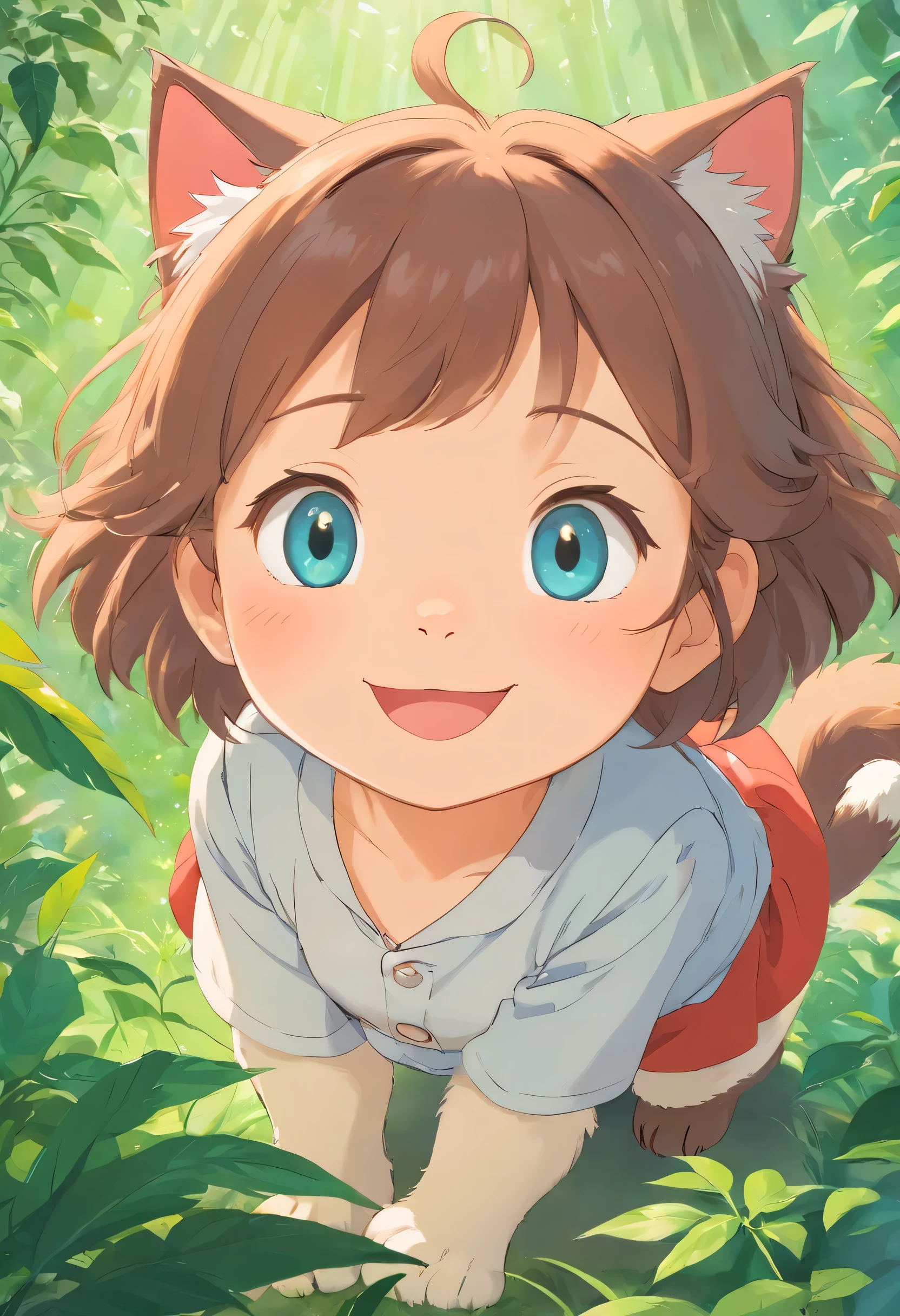 The kitten looks up and smiles cutely