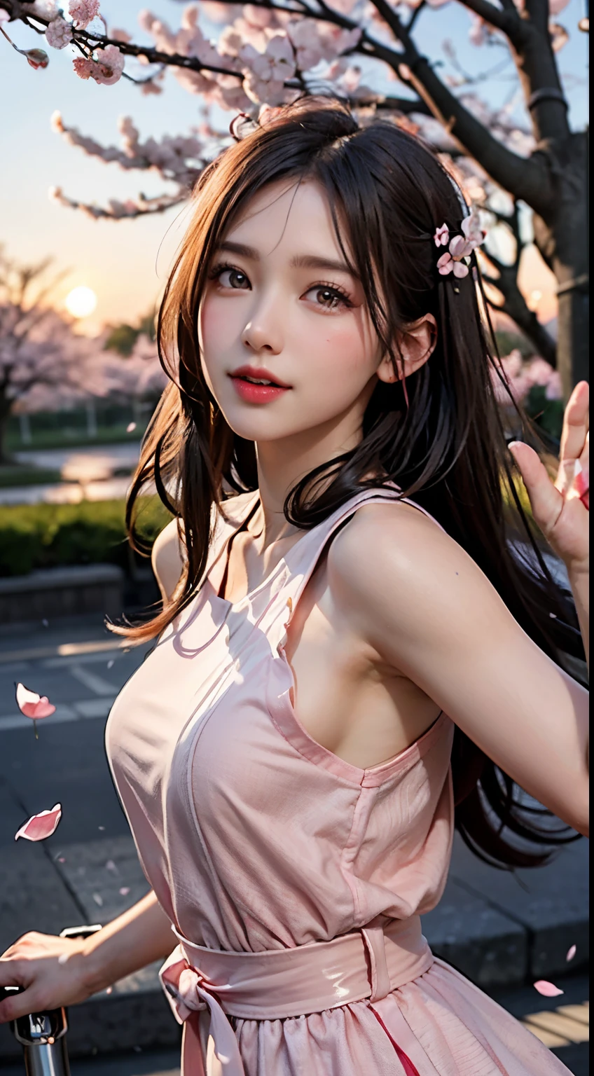 best quality, 32k, RAW photo, incredibly absurdres, extremely detailed, delicate texture, delicate, flashy and dynamic depiction, an innocent and beautiful girl like a cherry blossom, happy, shy, messy pixie cut, pastel colors, background pastel color, blooming profusely, cherry blossoms, cherry blossom petals, dancing petals, scattered gold dust, wind, motion-blur, action-lines, fantasy