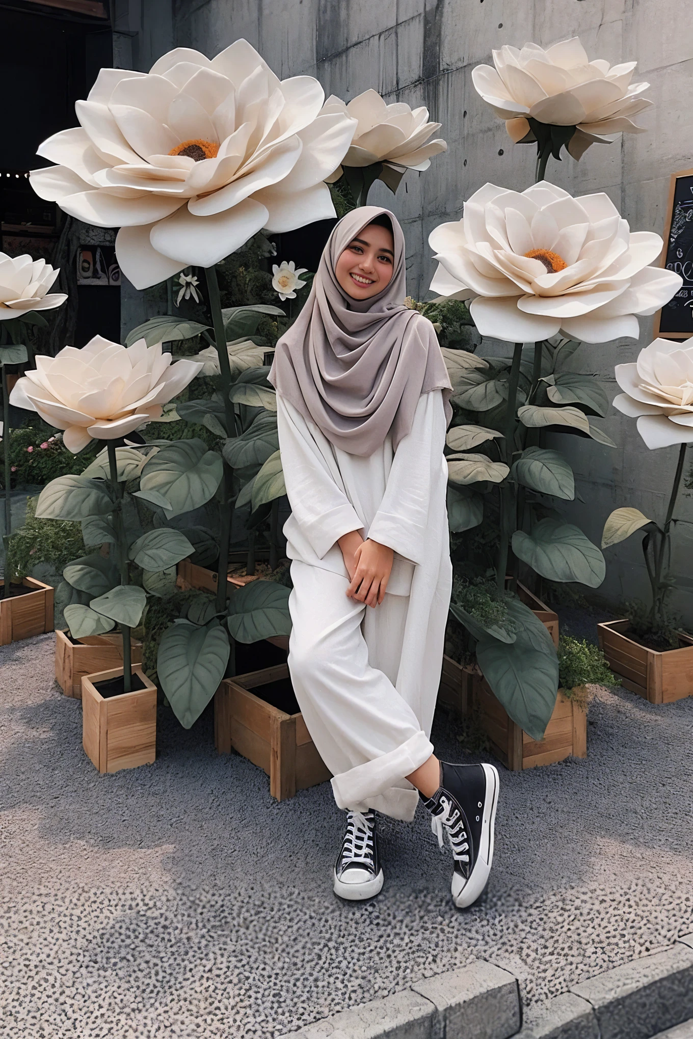 there is a woman and a standing in front of a flower display, giant flowers, hijab, huge blossoms, white hijab, inspired by Fathi Hassan, standing in a flower field, in garden, inspired by Shaddy Safadi, with a kid, modest, with flowers, standing in flower field, instagram picture, beautiful aesthetic