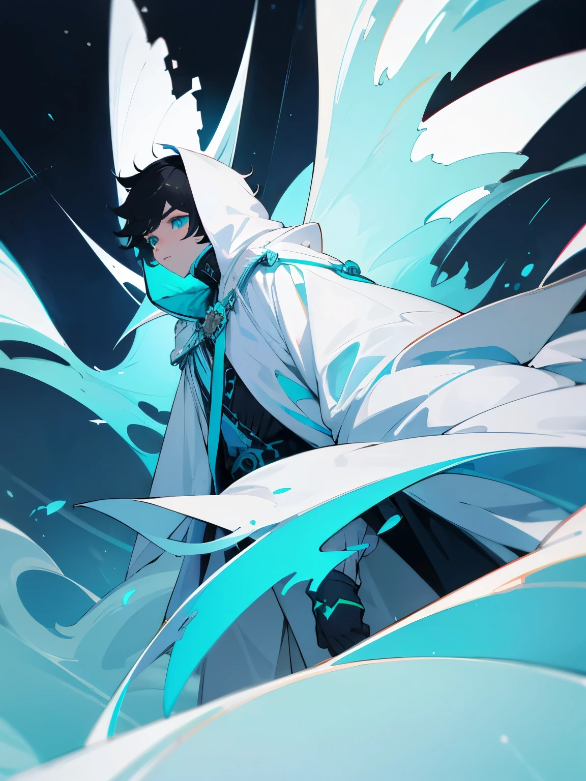 Russian teenager mature boy, black short hair, cyan eyes, white cold weather outfit, white cloak, ultra detailed, Fantasy style