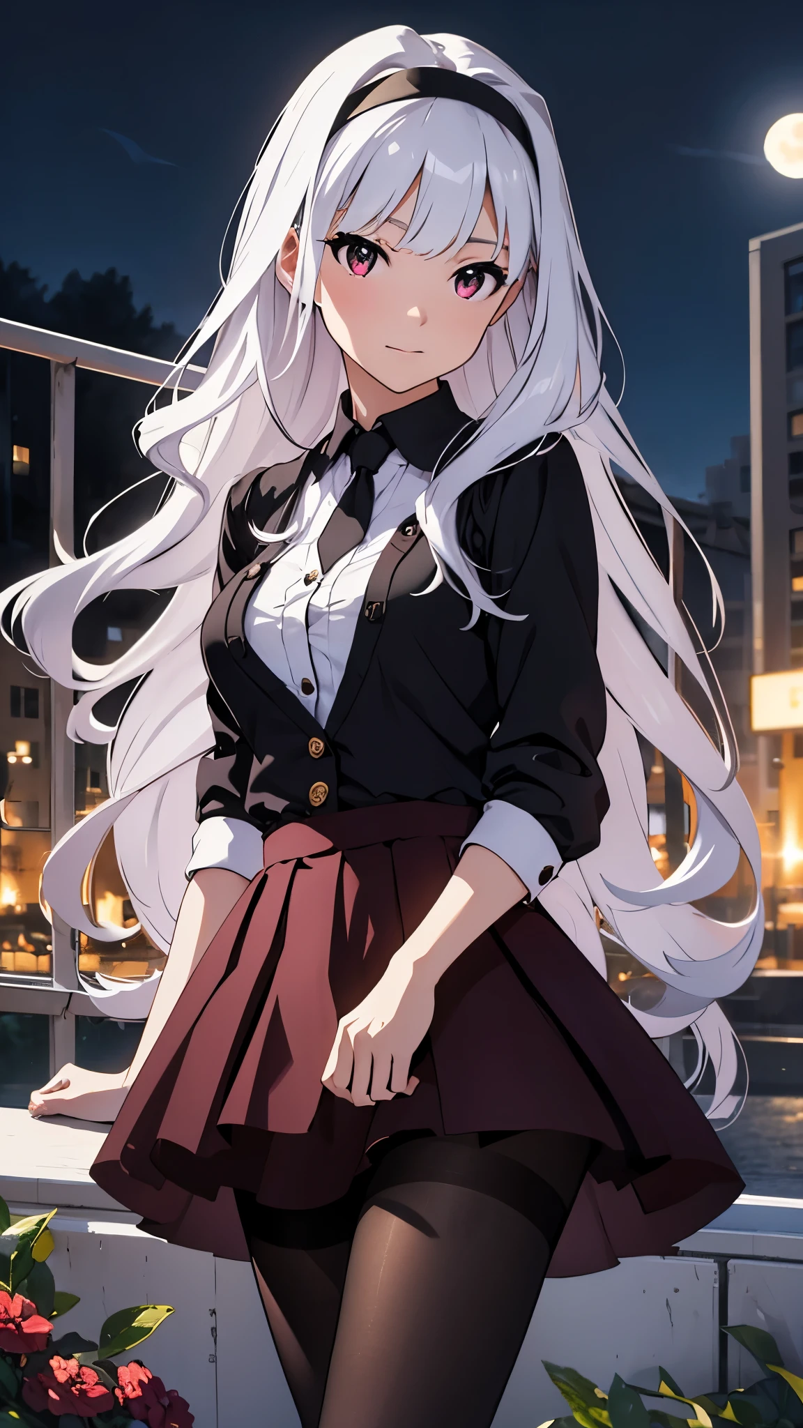 CG, unity, 8k, wallpaper, highest quality, masterpiece, Beautiful woman, 18-year-old, long white hair, white skin, BREAK, white blouse, BREAK, dark red skirt, BREAK, (black pantyhose:1.3), (Realistic:1.2), best lighting, complex pupils, complex textile, detailed background, (There is a moon at the back: 1.3), starry skies, night, In the flower garden