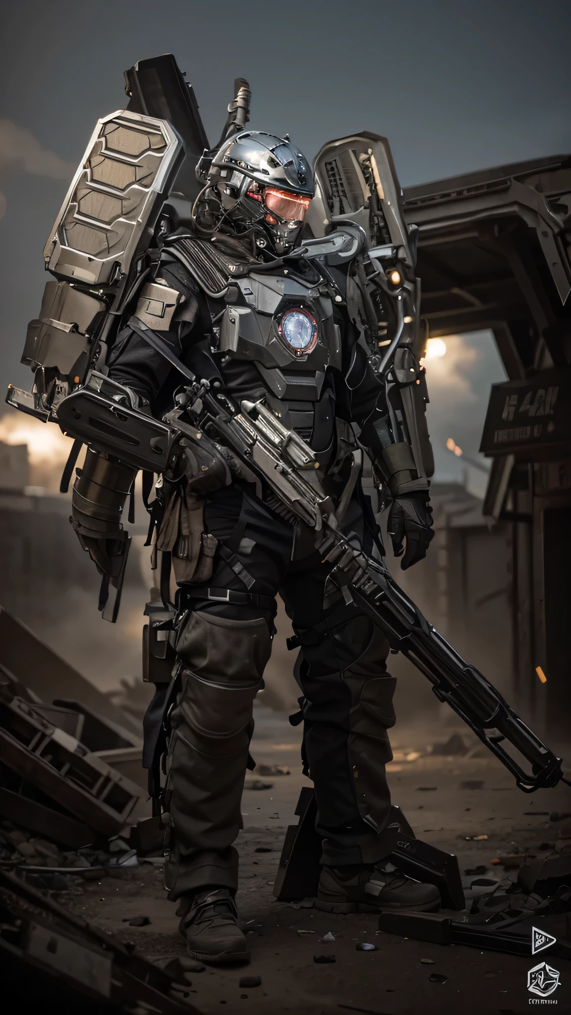 male soldier inside a modern beige metal exoskeleton robot suit with black details in traditional Chinese armor style, metal shoulder pads, metal boots, tubes and cables, he holds a laser cannon, he is in a completely destroyed post-apocalyptic city, 4k, Ultra detailed, image realistic, Highly detailed, perfect composition, splendid, Intricately detailed, Incredibly detailed, 8 k artistic photography, hyper detailed, Masterpiece, Ultra detailed, hyperrealistic, 4k, Ultra detailed image, realistic, Highly detailed, perfect composition, splendid, Intricately detailed , Incredibly detailed, 8K fine art photography, hyper detailed, Masterpiece