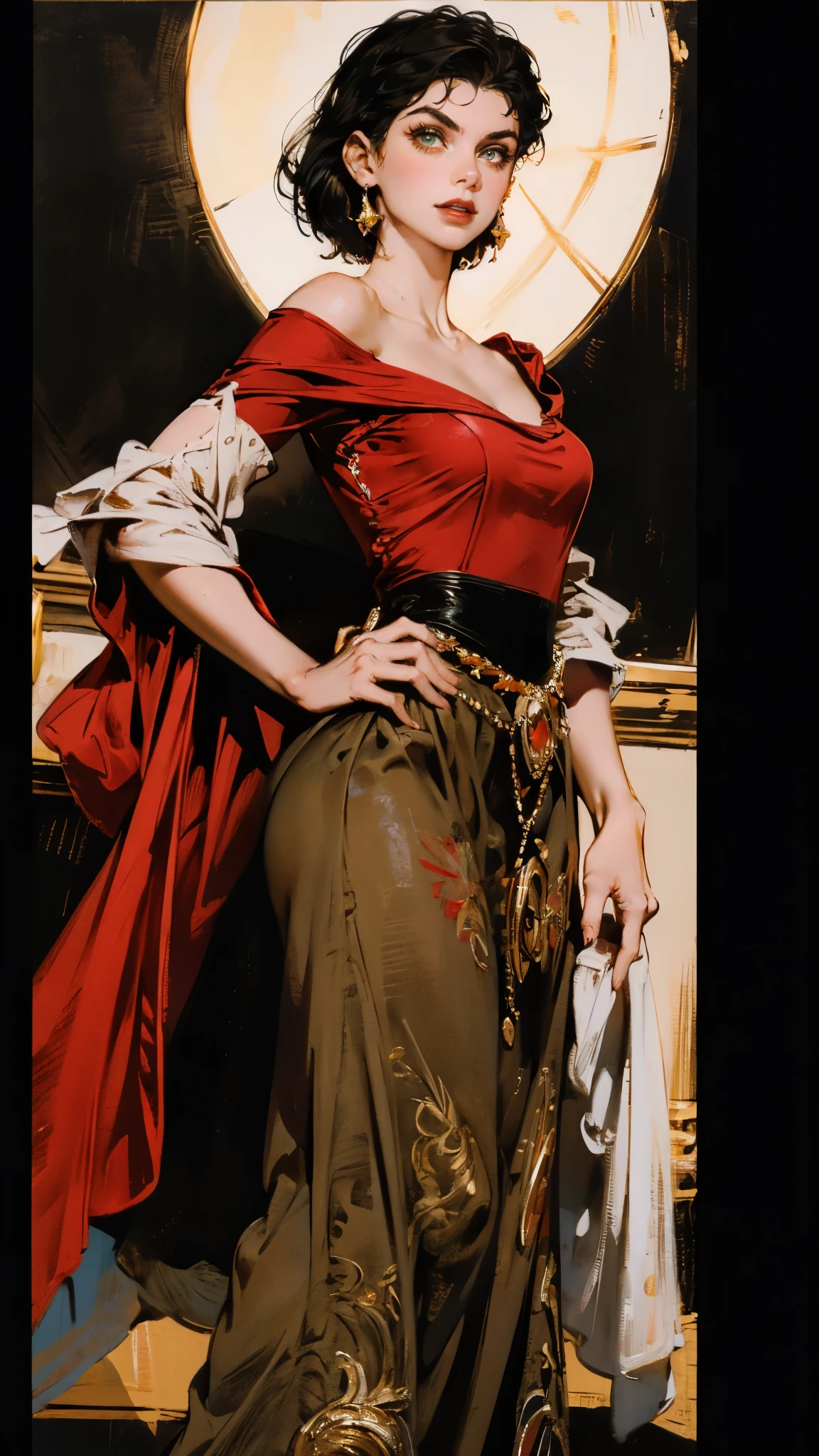 A beautiful woman with medium-length chestnut-black hair, Latin American heritage, a flawless oval face, passionate gaze, sweet smile, tall and graceful dancer's figure, a fantasy-realism style flamenco-inspired dress, flowing skirt, alternating red and black textures, red as the main color, complemented by black accents, she gracefully performs her dance moves on the stage of a fantasy-style Western tavern, this character embodies a finely crafted fantasy-realism style Flamenco dancer in anime style, exquisite and mature manga art style, perfect body, perfect nose, perfect mouth, perfect eyes, perfect smille, goddess, feminine, (Morena Baccarin:1.2), high definition, best quality, highres, ultra-detailed, ultra-fine painting, extremely delicate, professional, anatomically correct, symmetrical face, extremely detailed eyes and face, high quality eyes, creativity, RAW photo, UHD, 32k, Natural light, cinematic lighting, masterpiece-anatomy-perfect, masterpiece:1.5