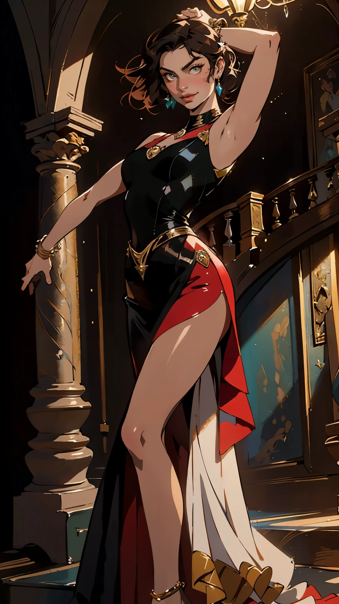 A beautiful woman with medium-length chestnut-black hair, Latin American heritage, a flawless oval face, passionate gaze, sweet smile, tall and graceful dancer's figure, a fantasy-realism style flamenco-inspired dress, flowing skirt, alternating red and black textures, red as the main color, complemented by black accents, she gracefully performs her dance moves on the stage of a fantasy-style Western tavern, this character embodies a finely crafted fantasy-realism style Flamenco dancer in anime style, exquisite and mature manga art style, perfect body, perfect nose, perfect mouth, perfect eyes, perfect smille, goddess, feminine, (Morena Baccarin:1.2), high definition, best quality, highres, ultra-detailed, ultra-fine painting, extremely delicate, professional, anatomically correct, symmetrical face, extremely detailed eyes and face, high quality eyes, creativity, RAW photo, UHD, 32k, Natural light, cinematic lighting, masterpiece-anatomy-perfect, masterpiece:1.5
